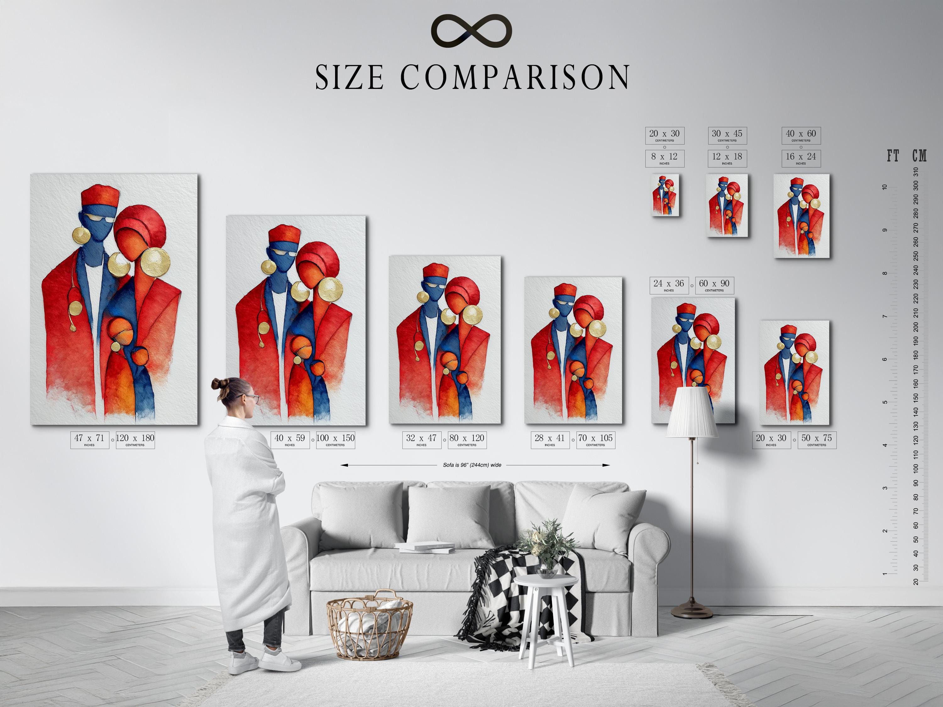 Red and blue doctor figures with gold accents in a watercolor style illustration on a light background detail view