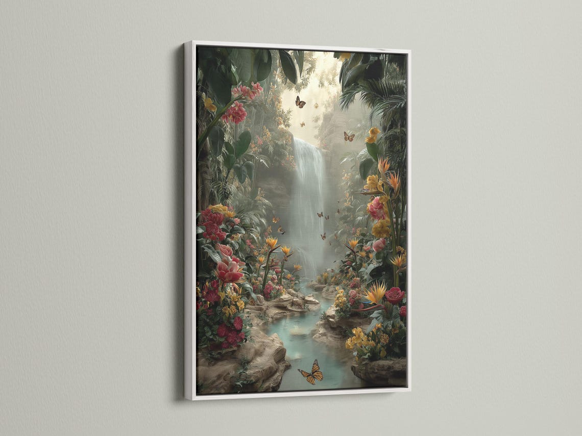 A jungle waterfall scene with lush green leaves, layered flowers and butterflies, flowing into a misty light area at the centre detail view