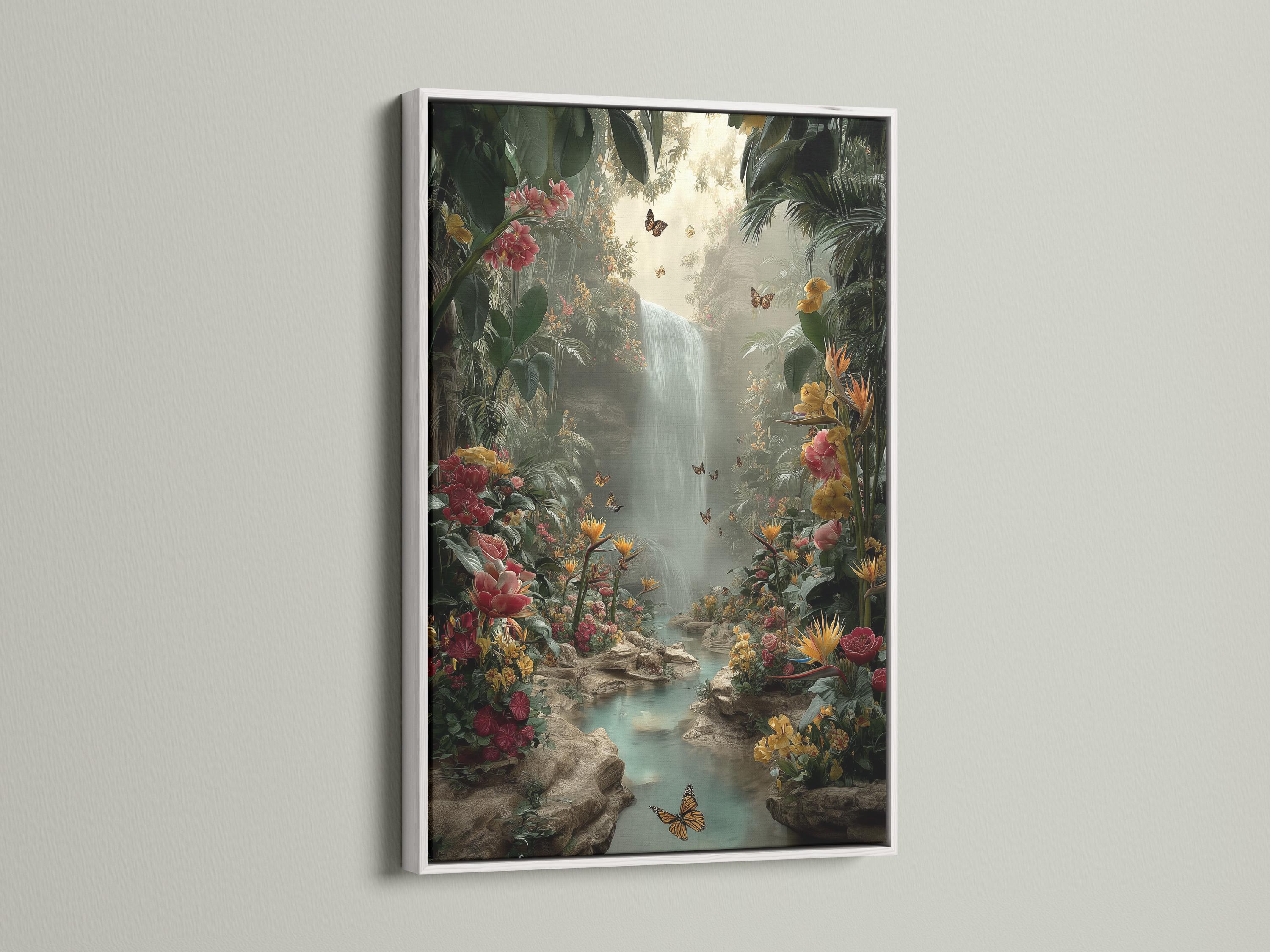 A jungle waterfall scene with lush green leaves, layered flowers and butterflies, flowing into a misty light area at the centre detail view