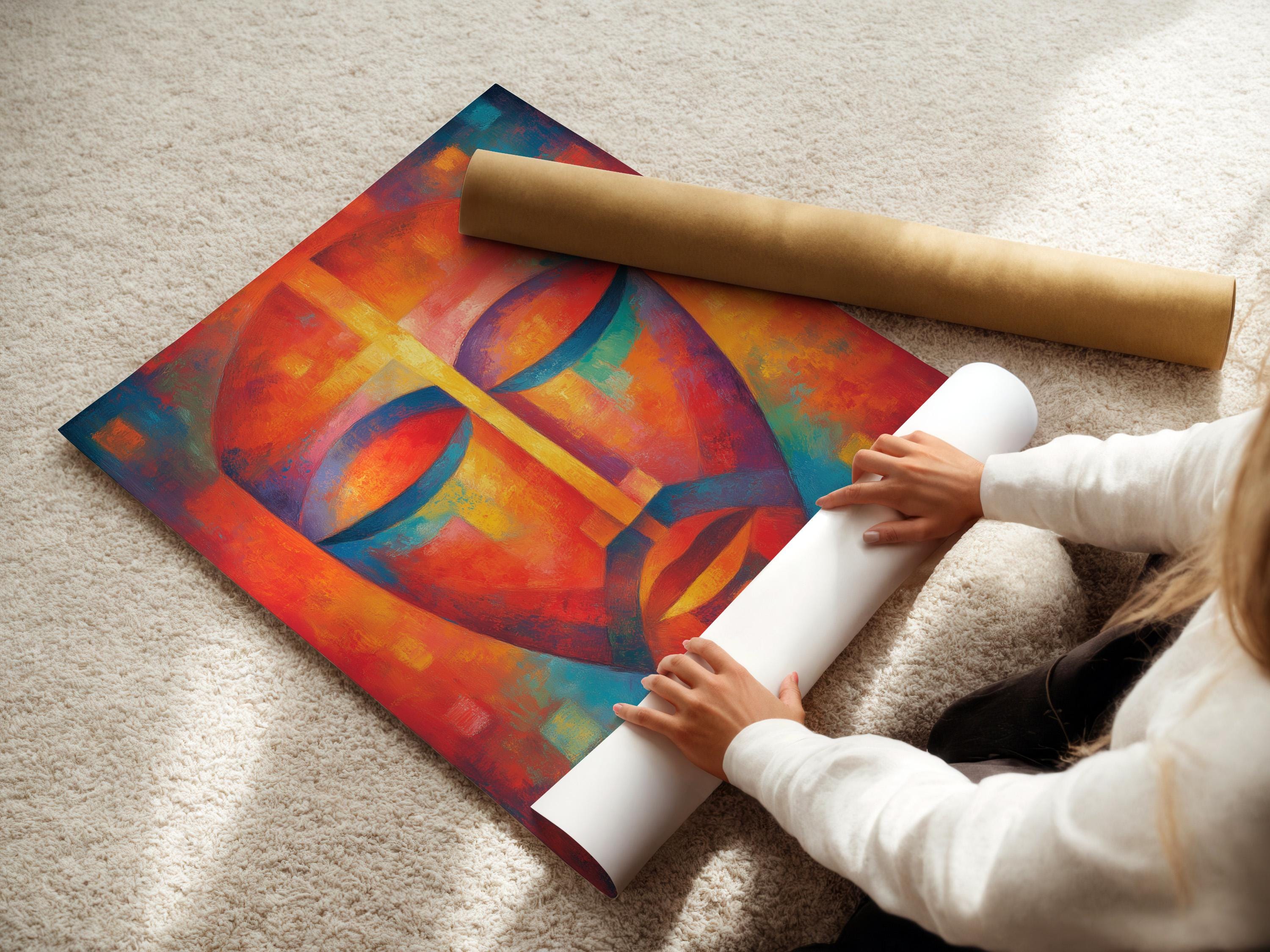 Abstract face portrait with vivid orange, teal and blue geometric shapes and a central vertical highlight detail view