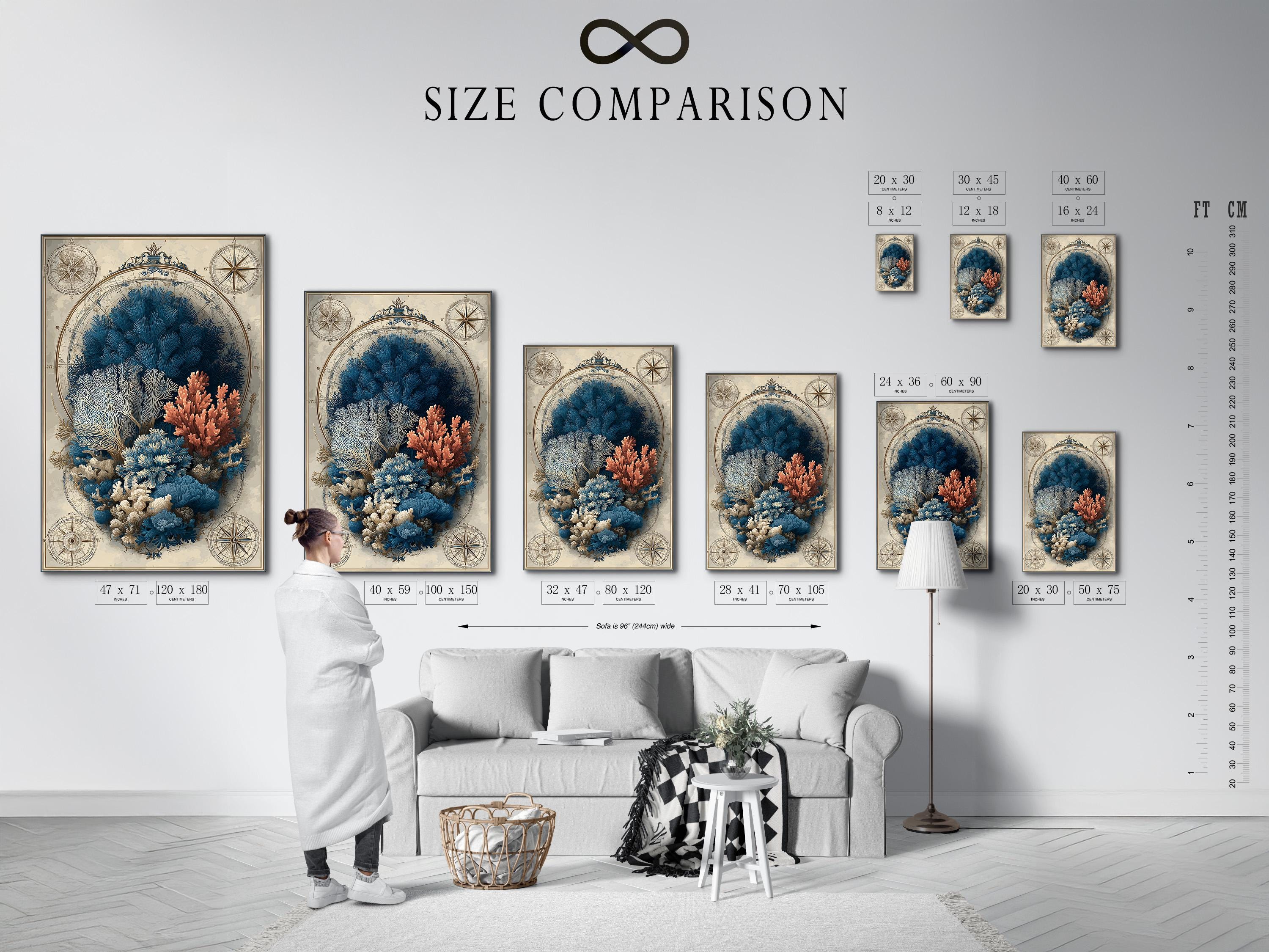 Room mockup showing a framed nautical map illustration featuring a coral reef and compass roses