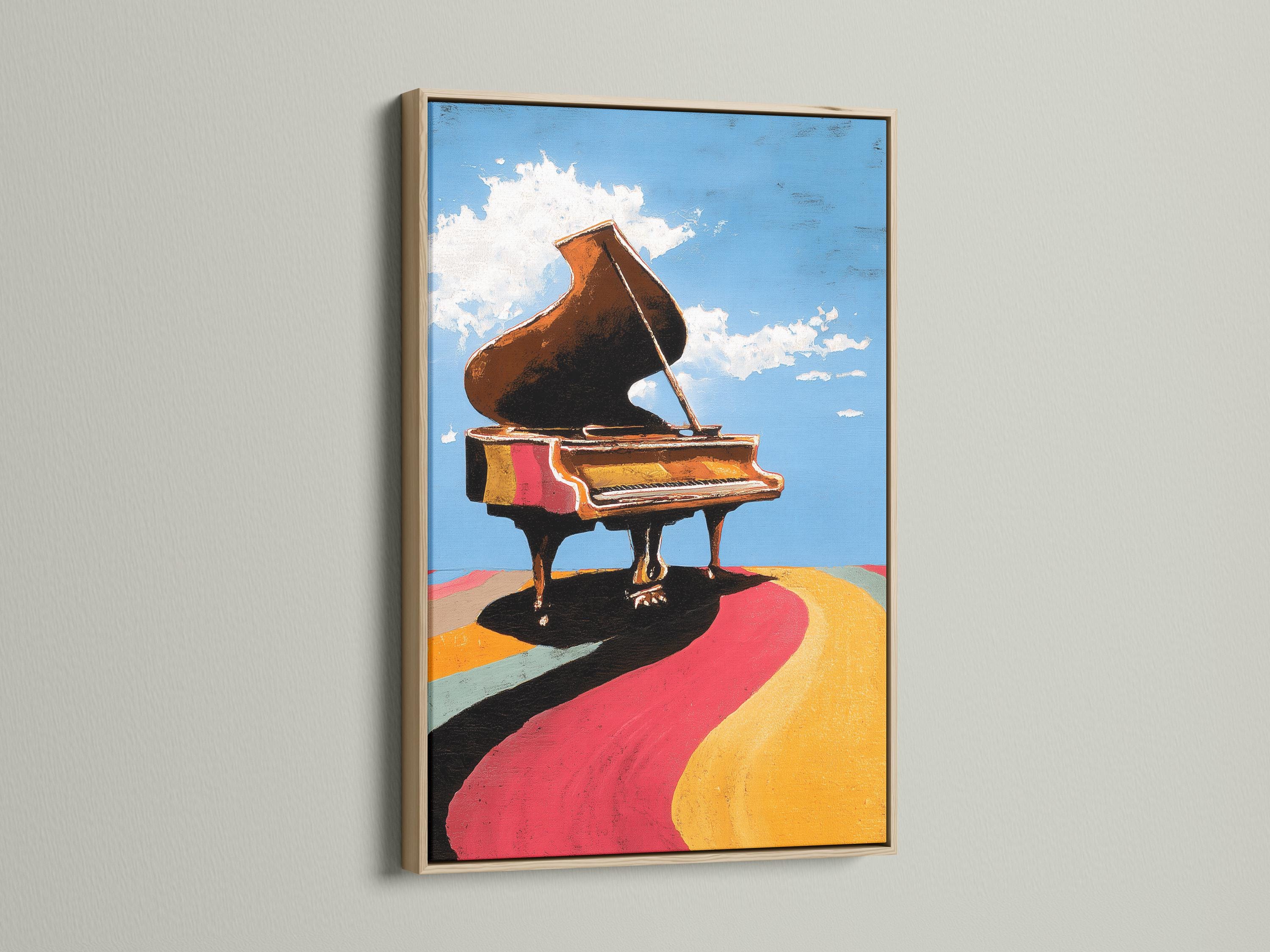 Room mockup showing a framed piano artwork with blue sky and colourful ground bands
