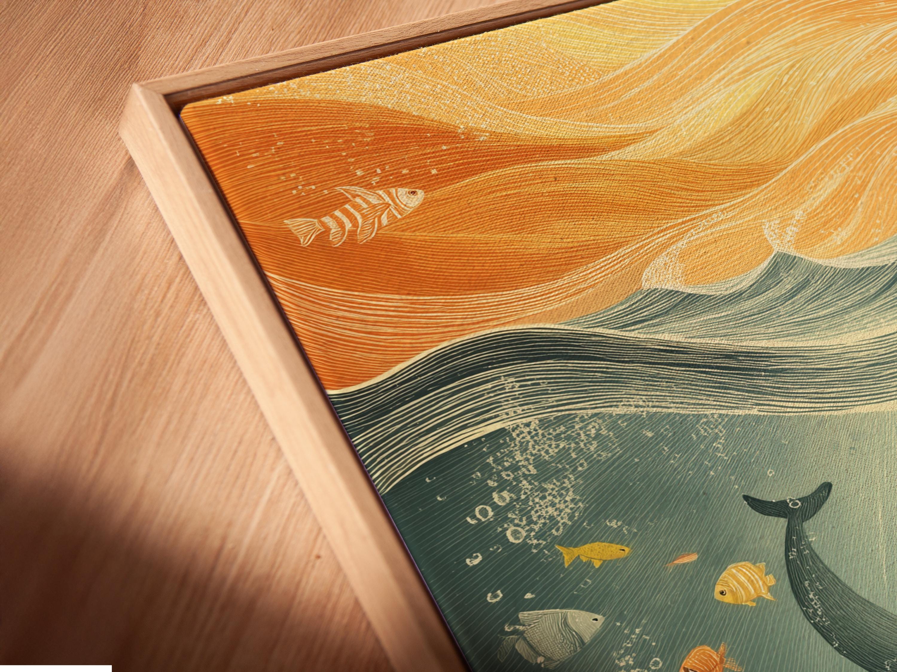Underwater scene with a polar bear, fish and a whale in seafoam teal and warm gold waves detail view