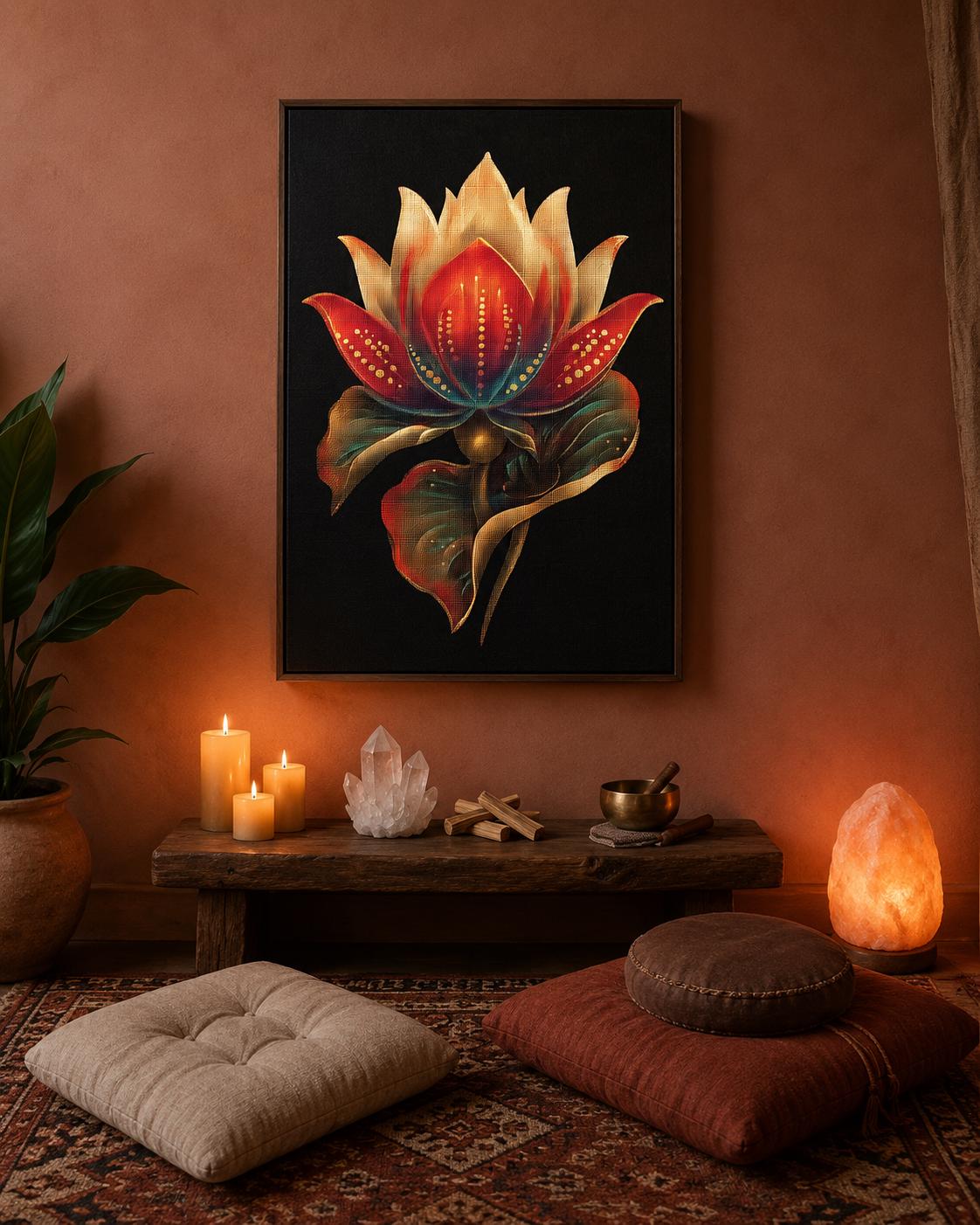 Person in a beige outfit standing beside a plant, with a lotus flower framed artwork above a wooden bench