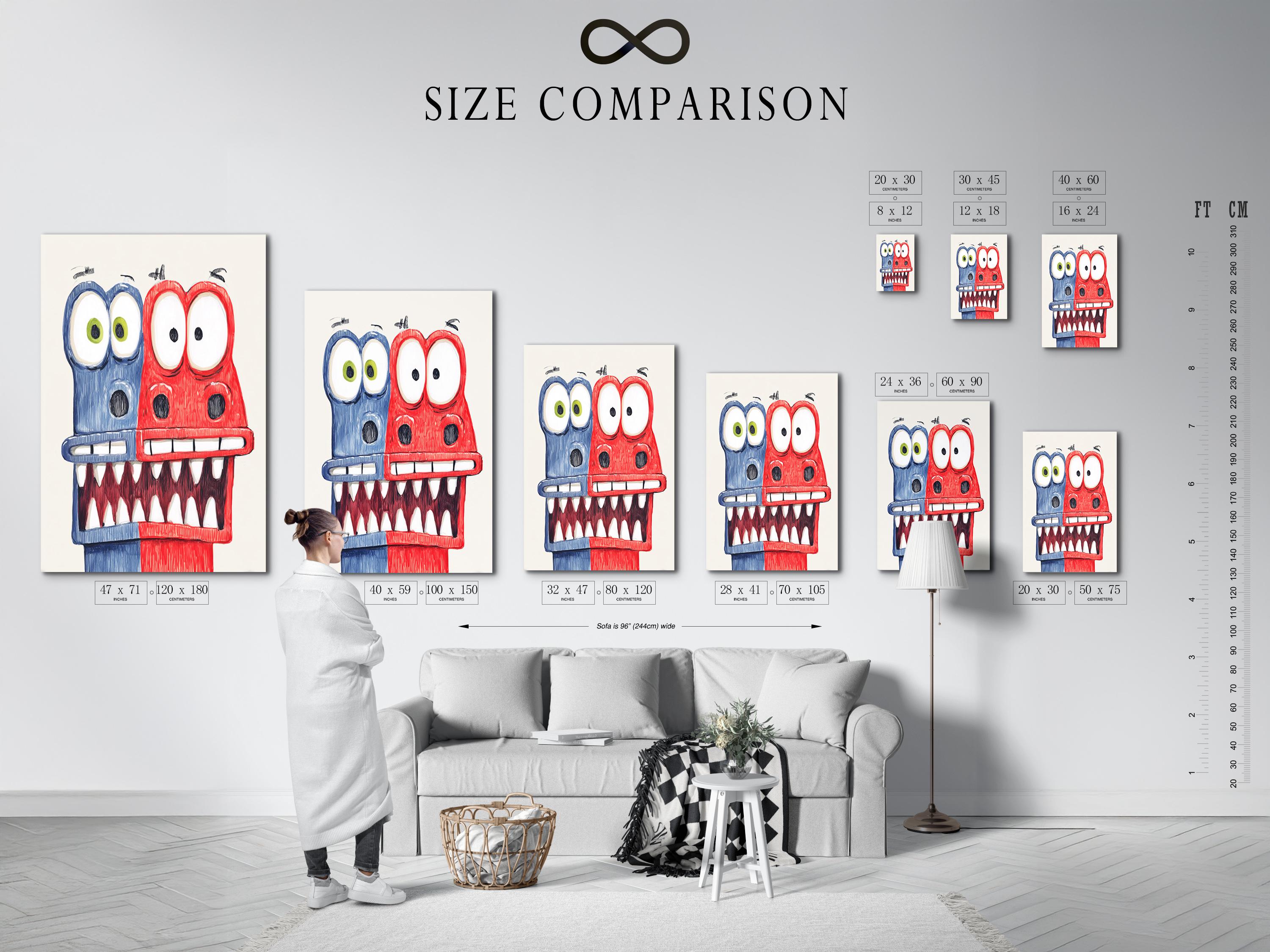 Red and blue cartoon monster with big eyes and a toothy grin on a pale background detail view