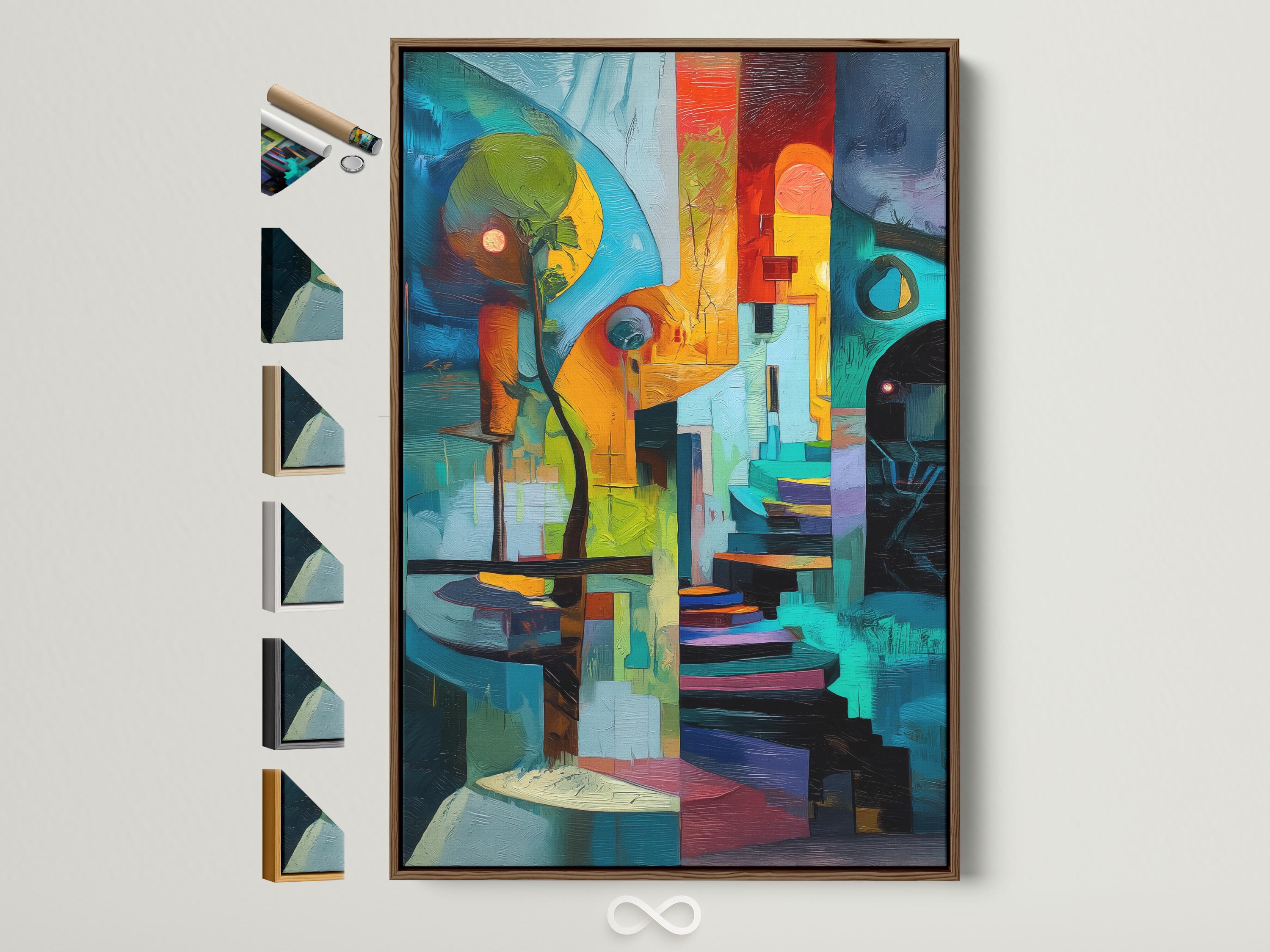 Person in yellow holding a cup standing beside a framed abstract geometric artwork