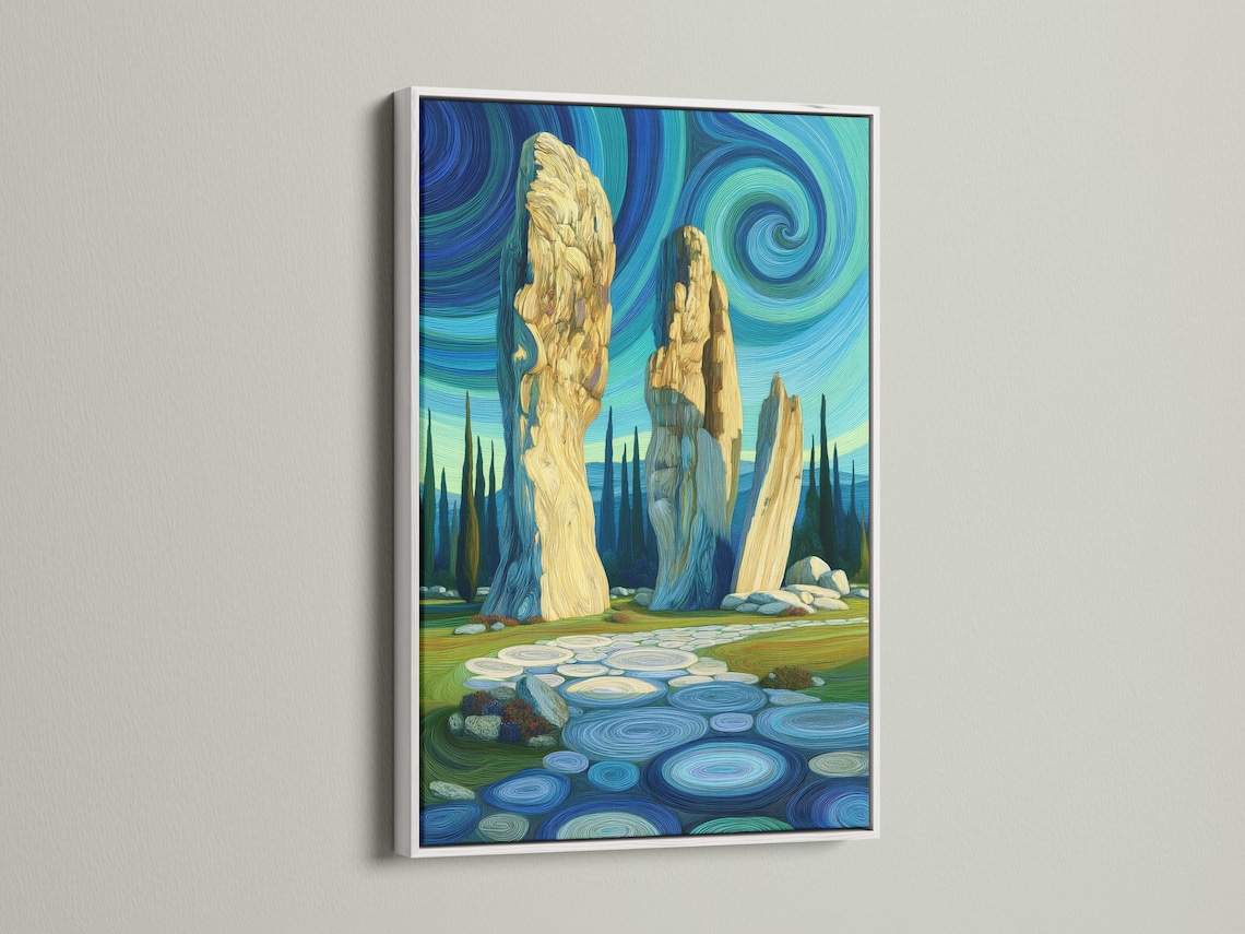 Stylised stone pillars landscape with swirling blue sky and ripple-textured ground detail view