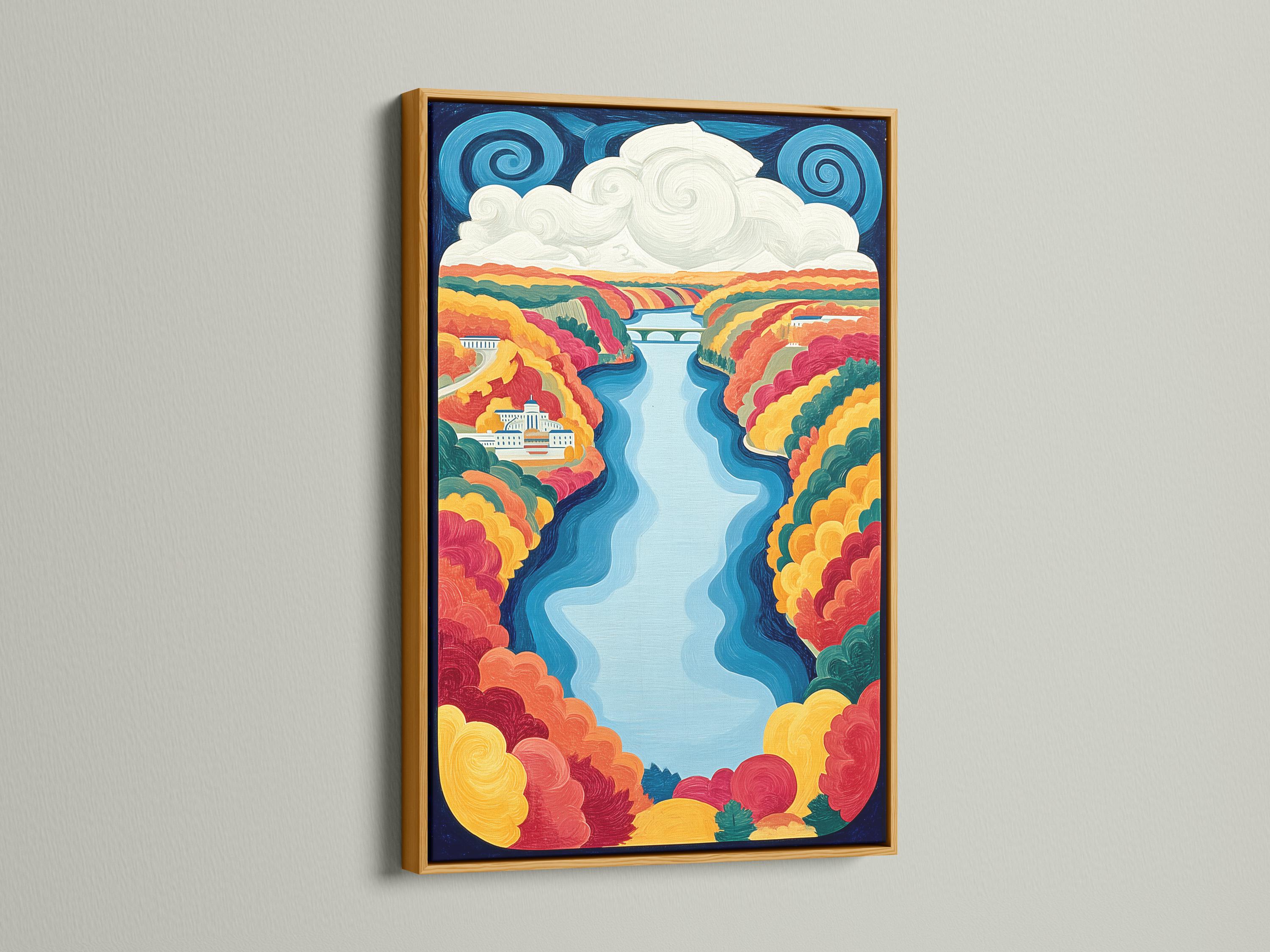Stylised autumn river valley landscape with winding blue river, warm foliage, pale clouds and small buildings detail view