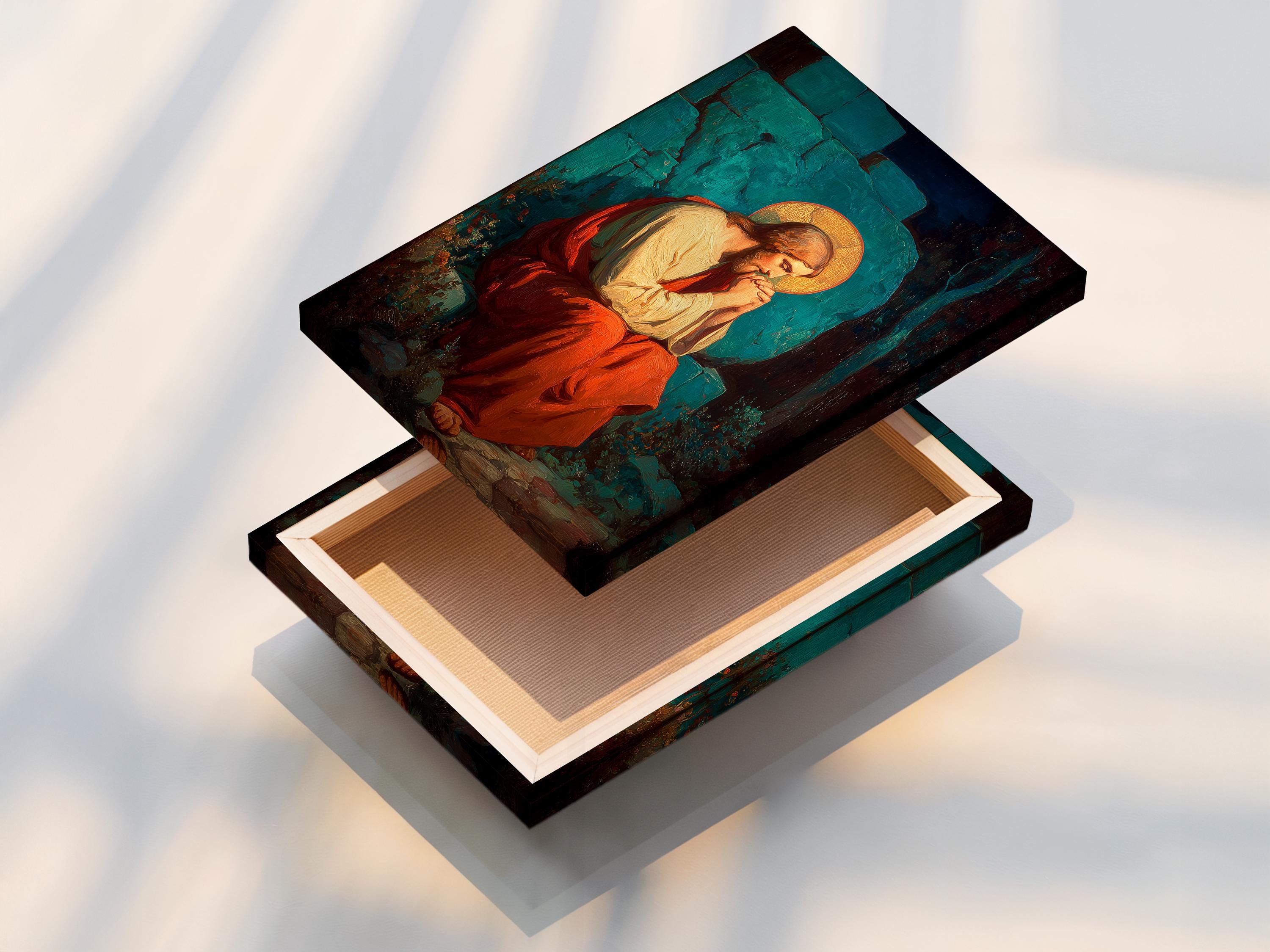 Painterly religious portrait of a kneeling praying figure with a glowing gold halo detail view