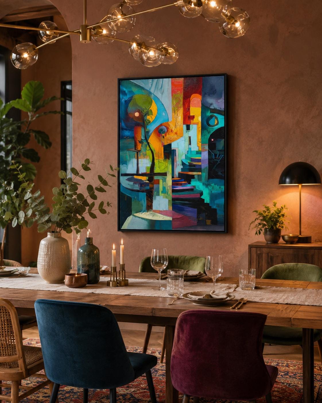 Person in yellow holding a cup standing beside a framed abstract geometric artwork