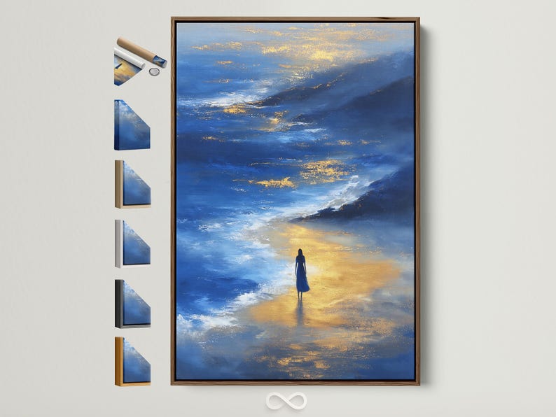 Blue and gold seascape artwork with layered ocean waves, a solitary figure, and a reflection