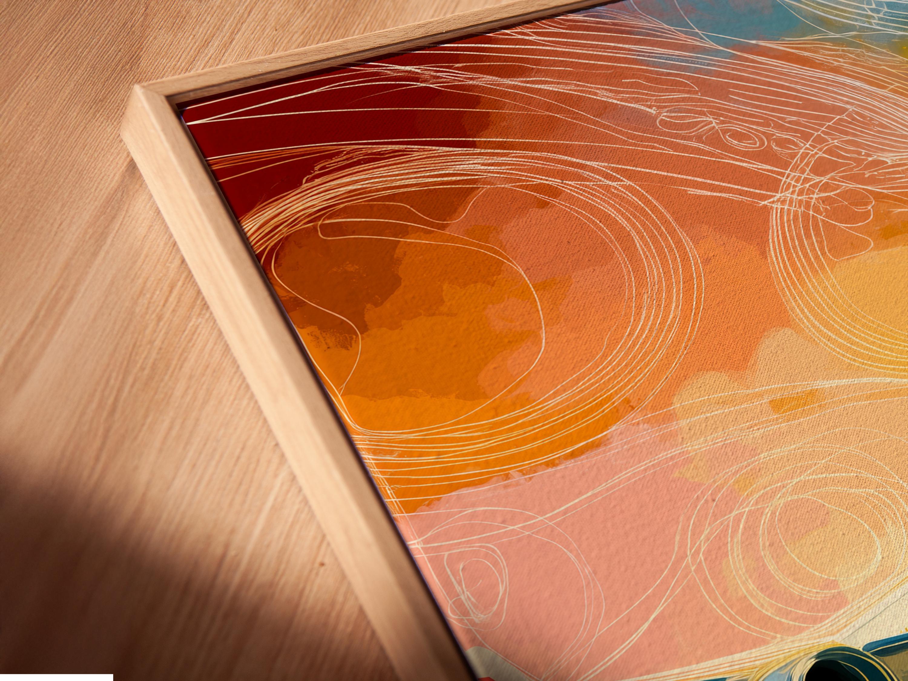 Stylised airplane illustration with swirling yellow, orange and blue lines detail view
