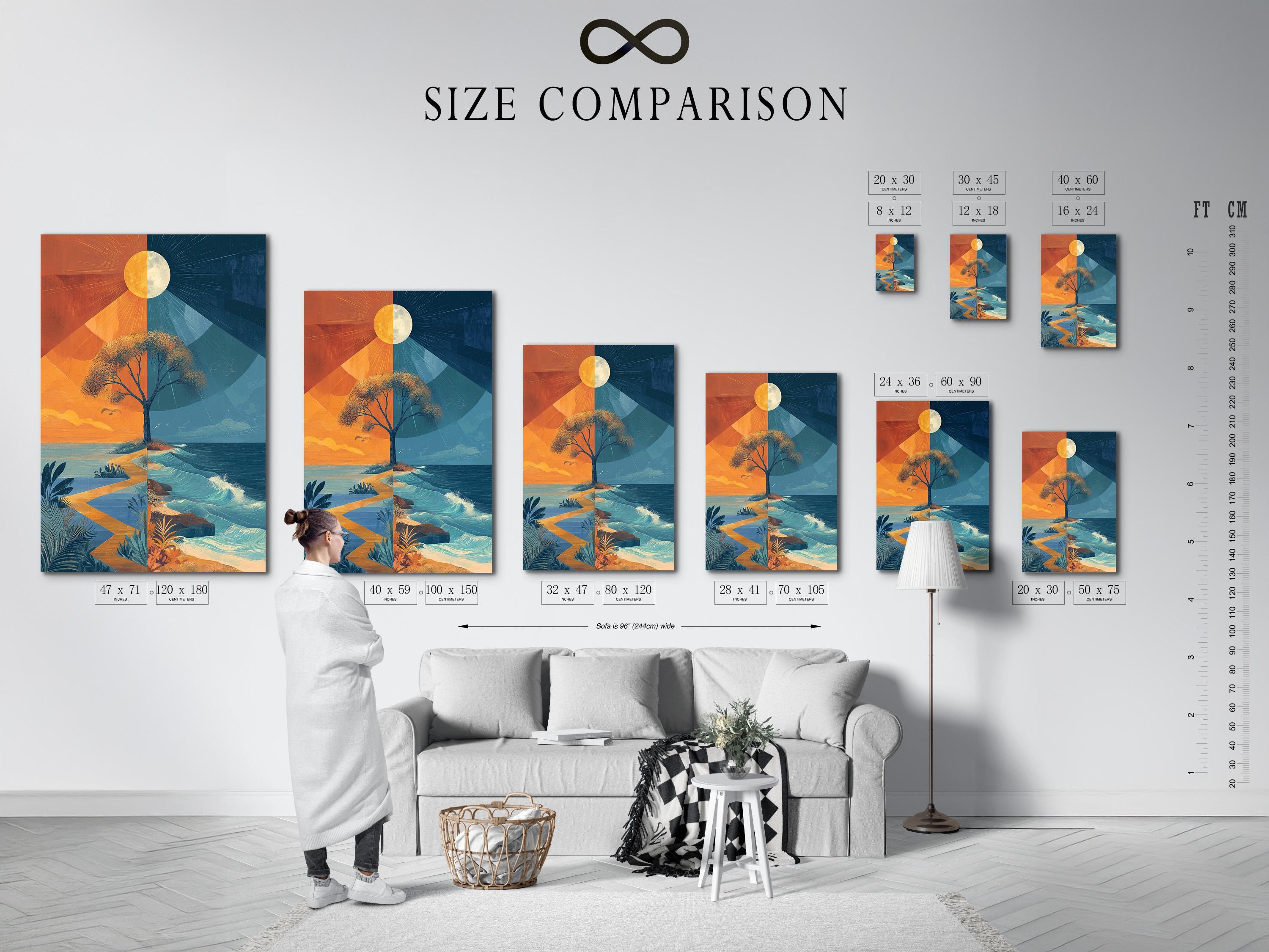 Stylised tree in a geometric split seascape with orange sky and blue ocean waves detail view