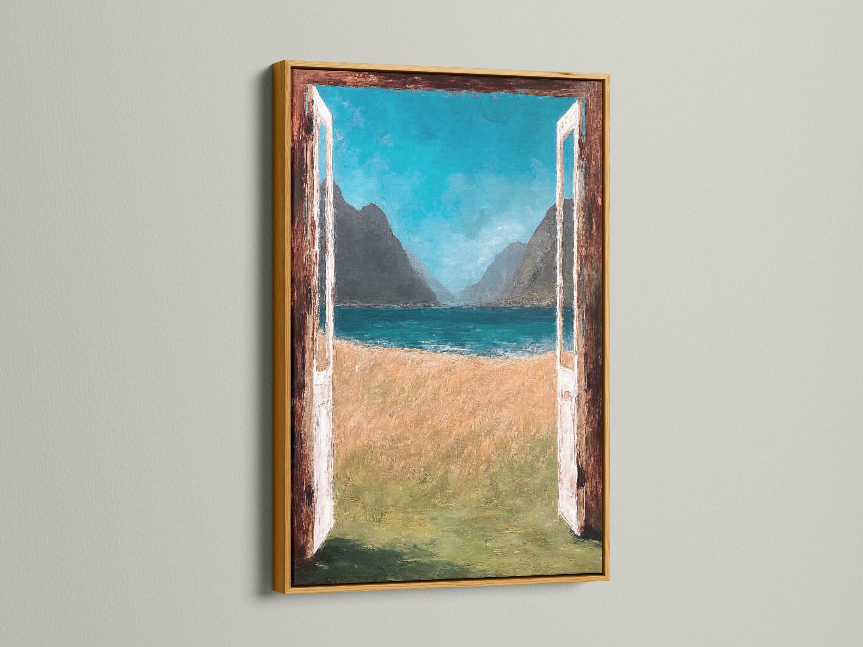 Room mockup showing a framed doorway seascape artwork with turquoise sea and mountains