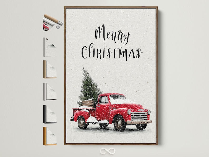 A white, snow-speckled scene shows a red vintage truck holding a Christmas tree, with handwritten-style text above it reading “Merry Christmas.”