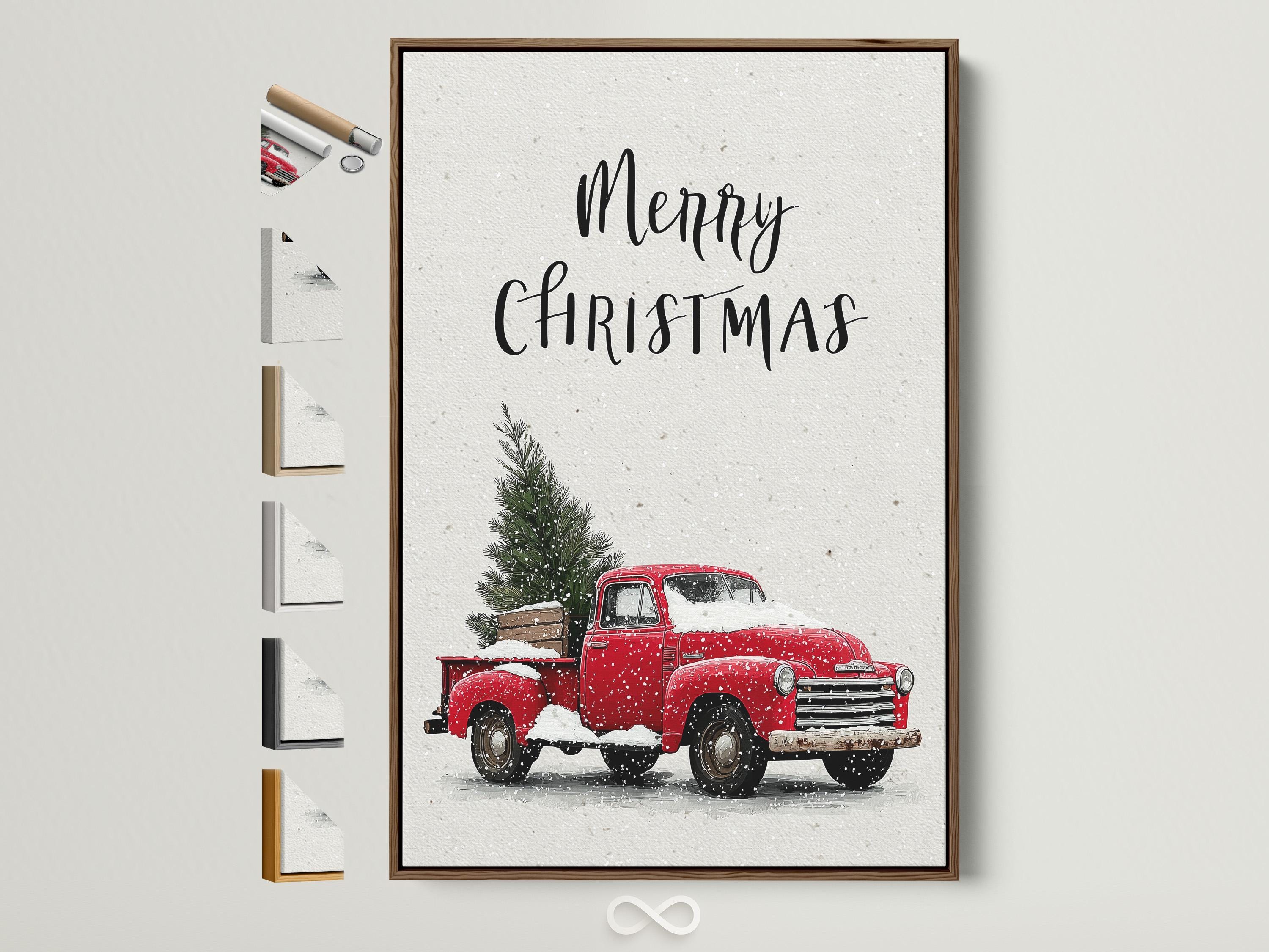 A white, snow-speckled scene shows a red vintage truck holding a Christmas tree, with handwritten-style text above it reading “Merry Christmas.”