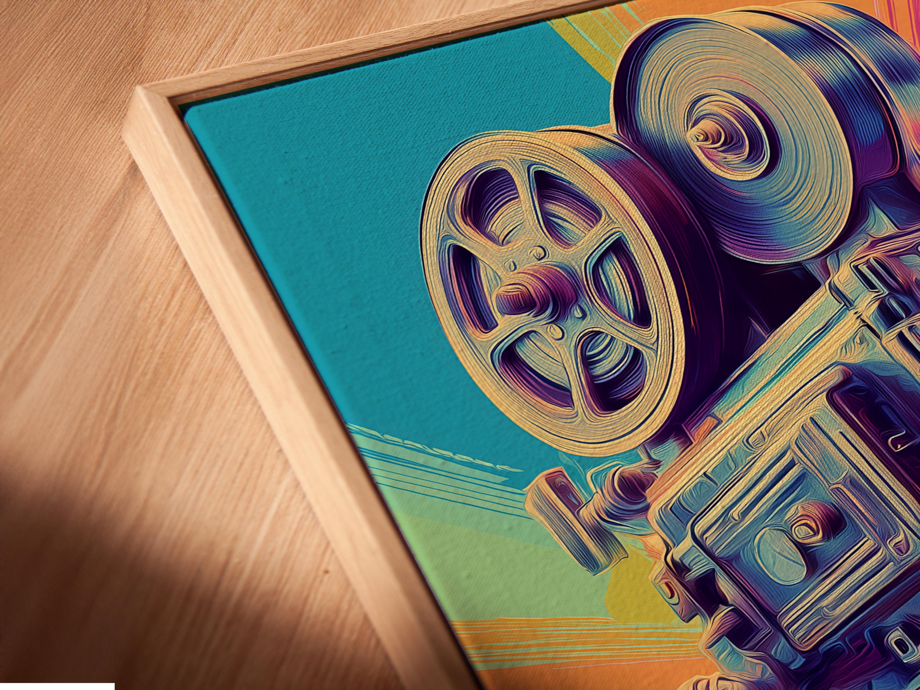 Stylised vintage movie camera in turquoise, hot pink and purple with a curved film strip detail view