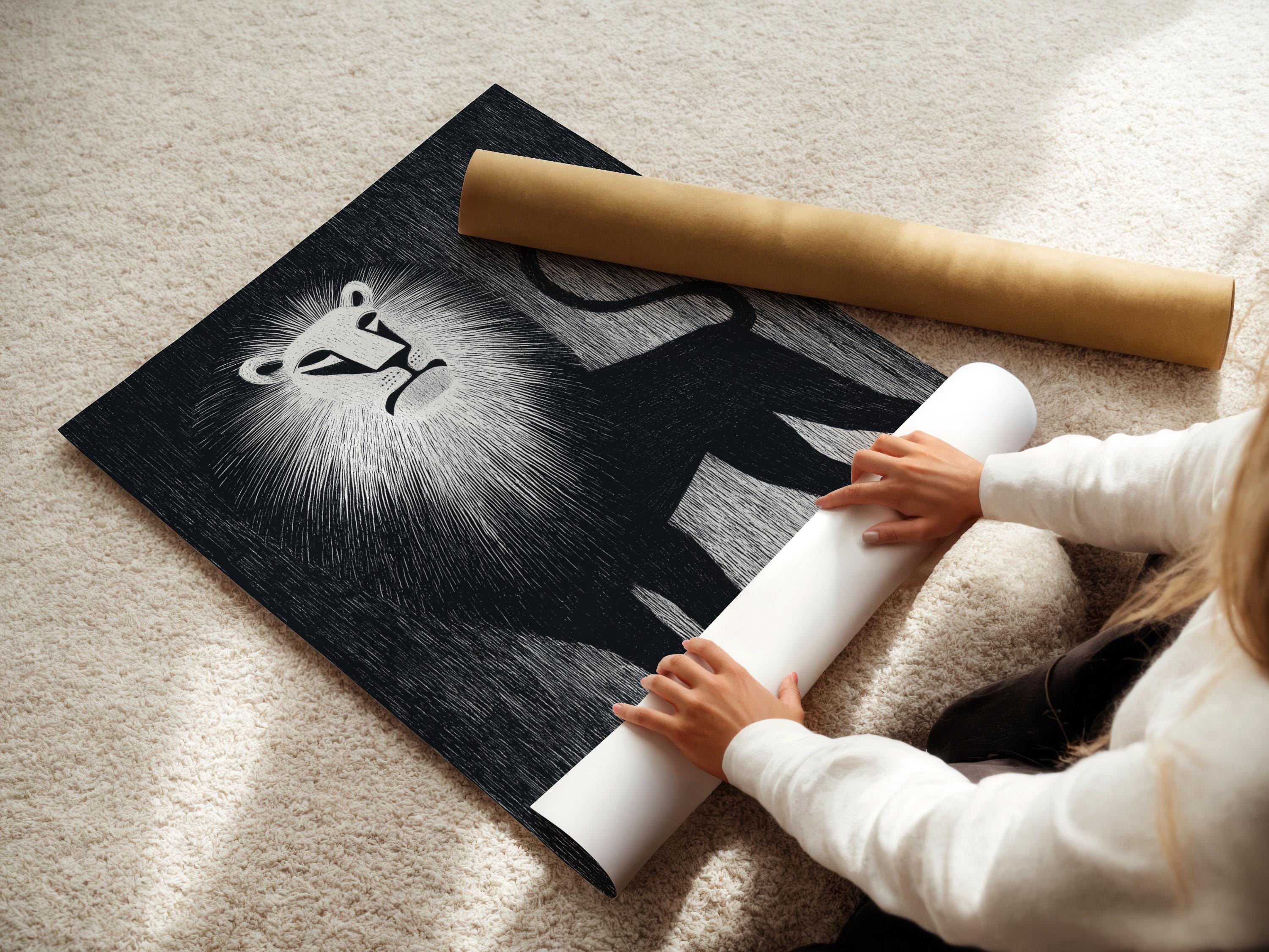 A person standing beside a framed black and white lion artwork in a modern interior