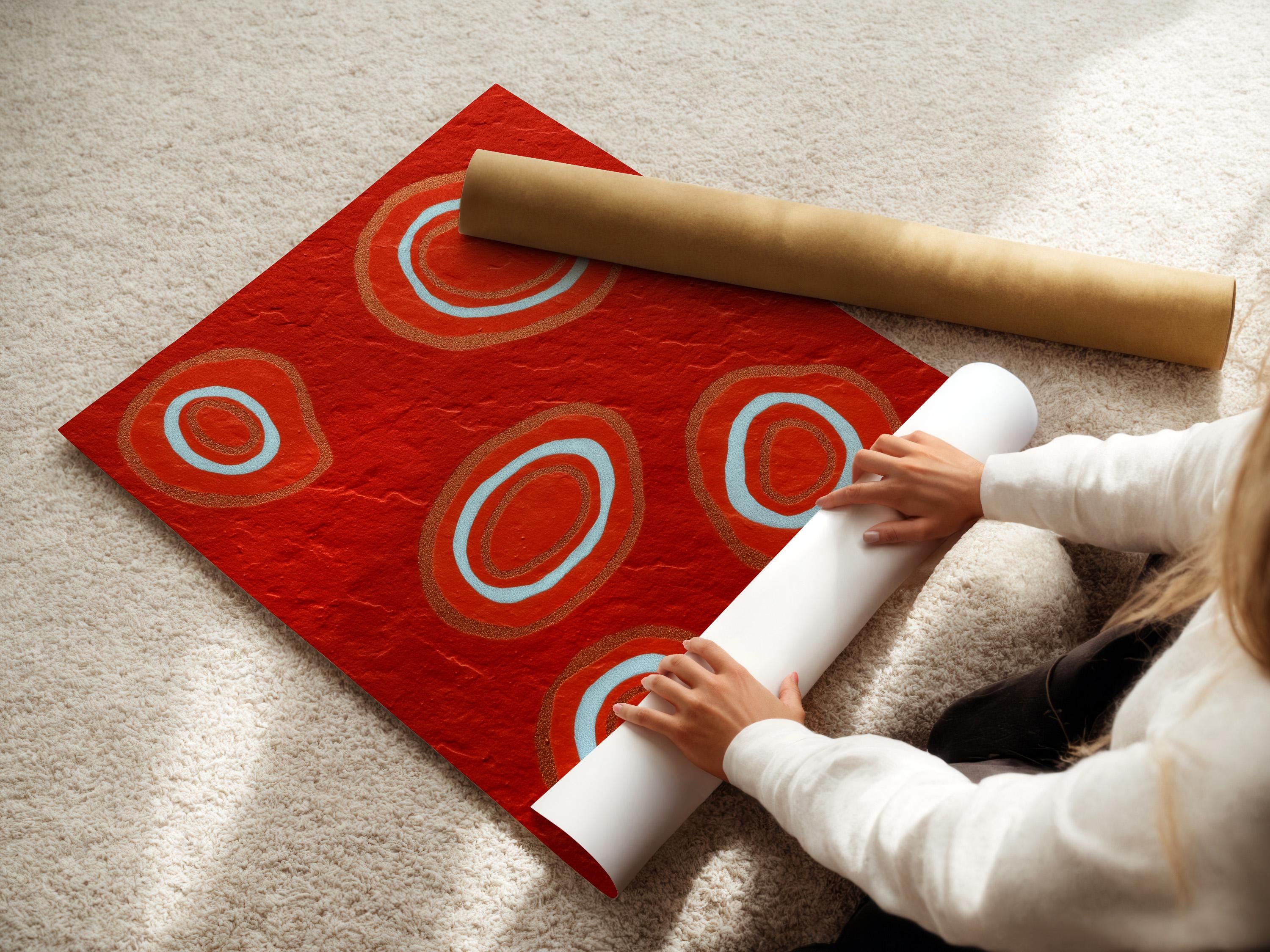 Room mockup showing a red abstract artwork with concentric circle motifs in pale blue and copper tones