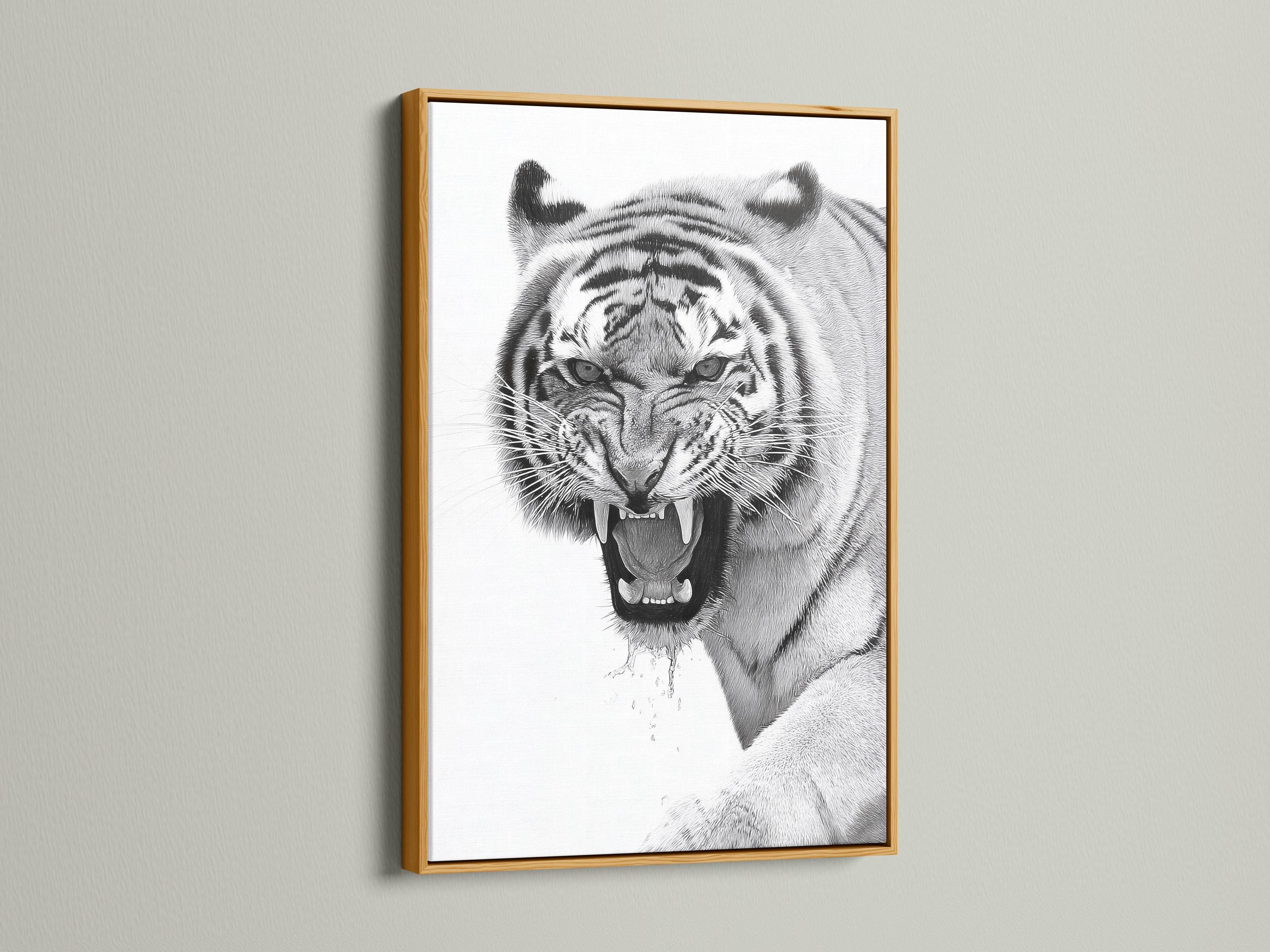 Framed monochrome tiger portrait mockup on a light background with additional display props