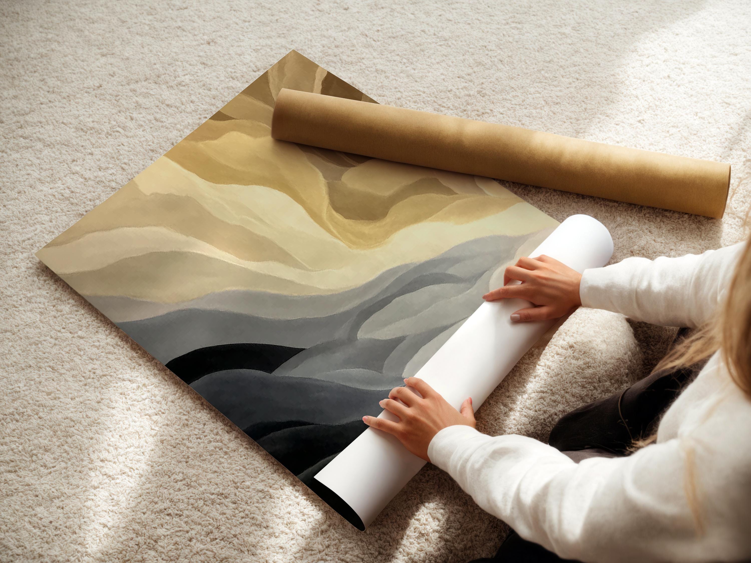 Minimalist beige abstract seascape with layered waves and a small boat silhouette detail view