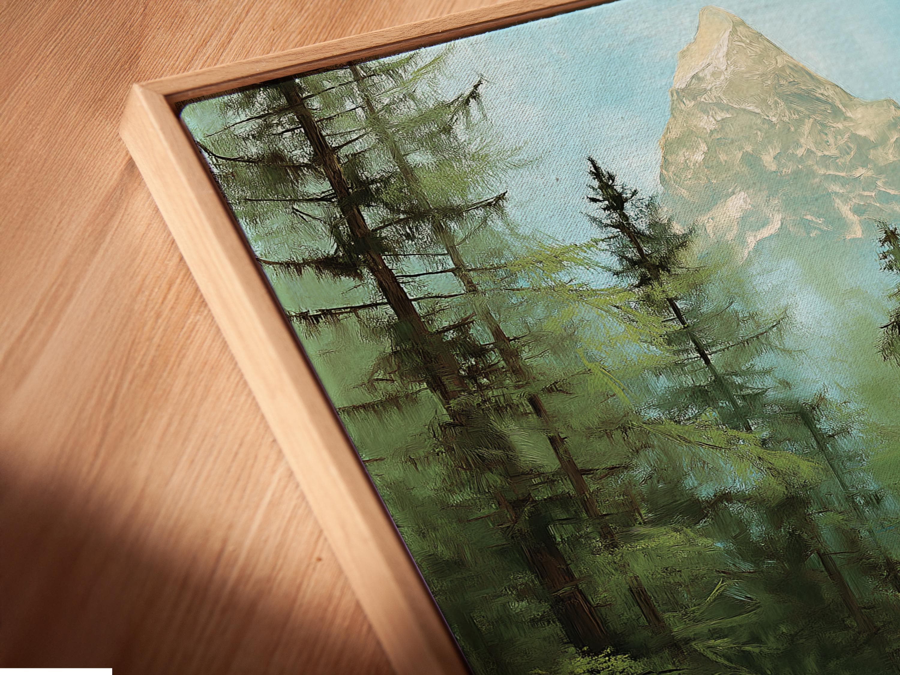 Forest mountain lake artwork shown in a room mockup with framed image