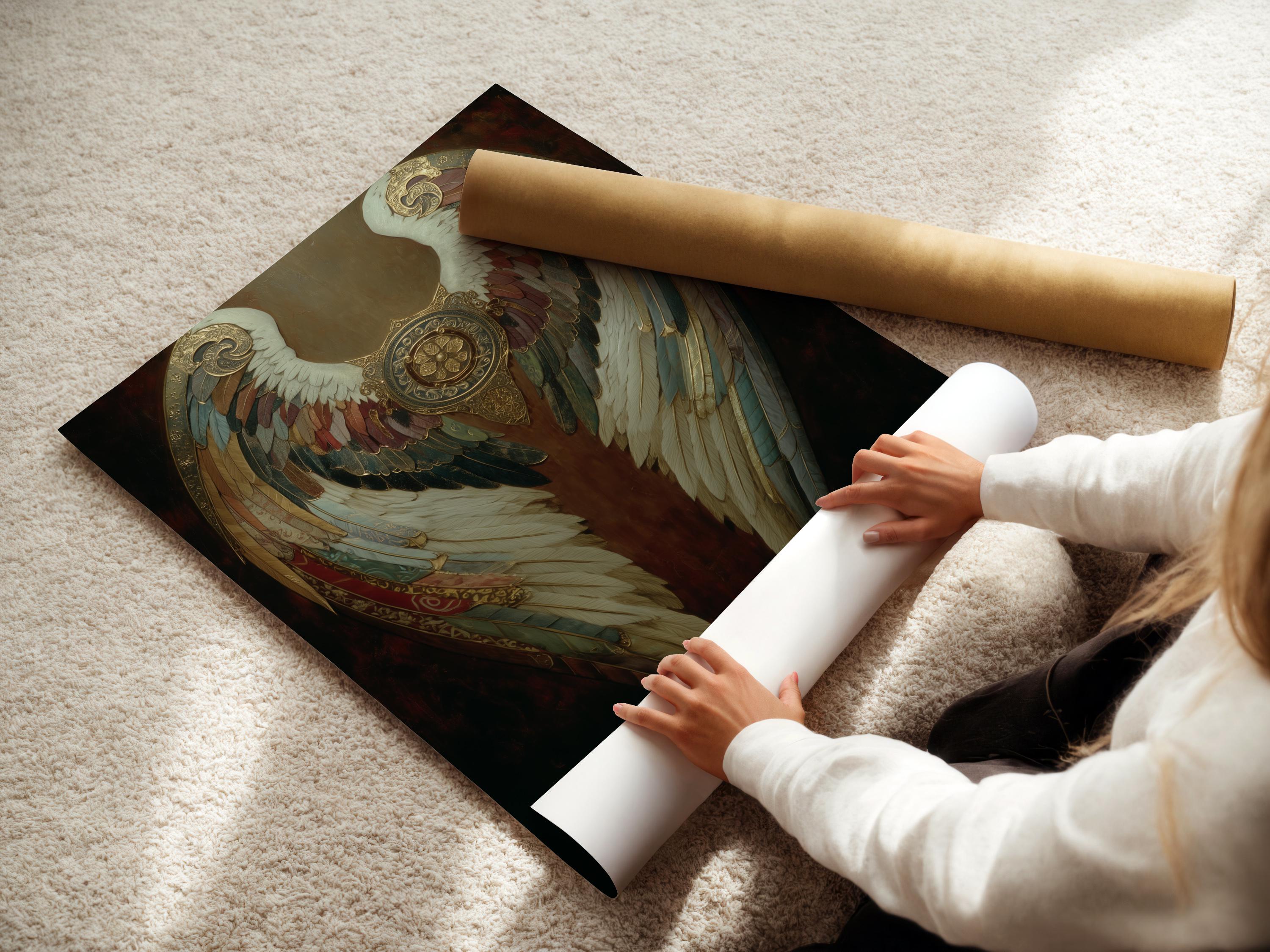 Artwork mockup showing ornate gold angel wings wall art in a dark vintage style