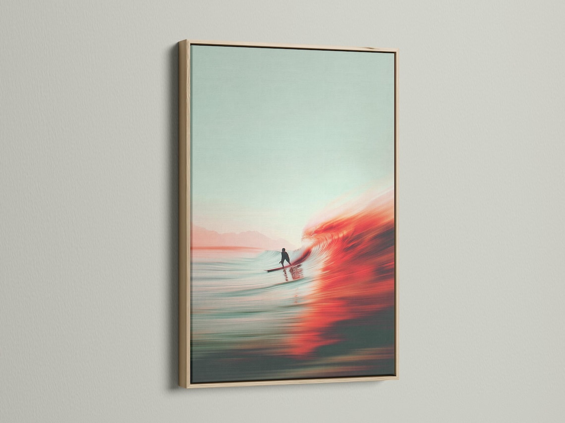 Seascape painting of a surfer riding a bright red wave at sunset over reflective ocean water detail view