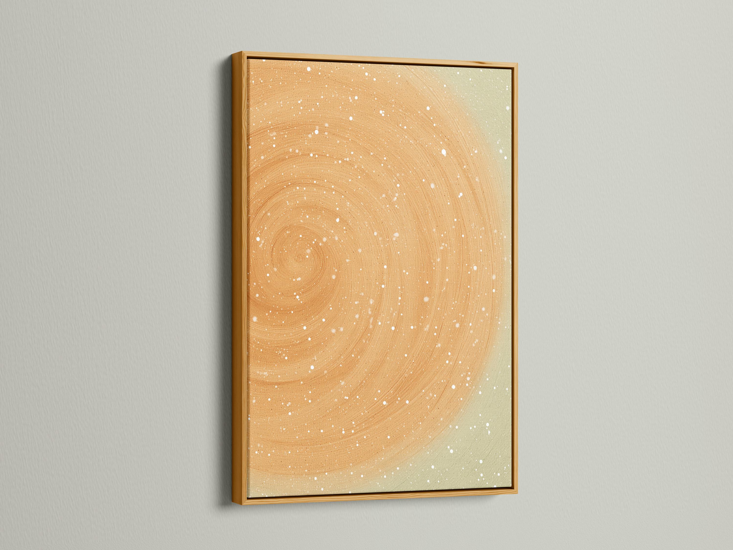 Beige abstract circular swirl with white speckles on a soft neutral background detail view