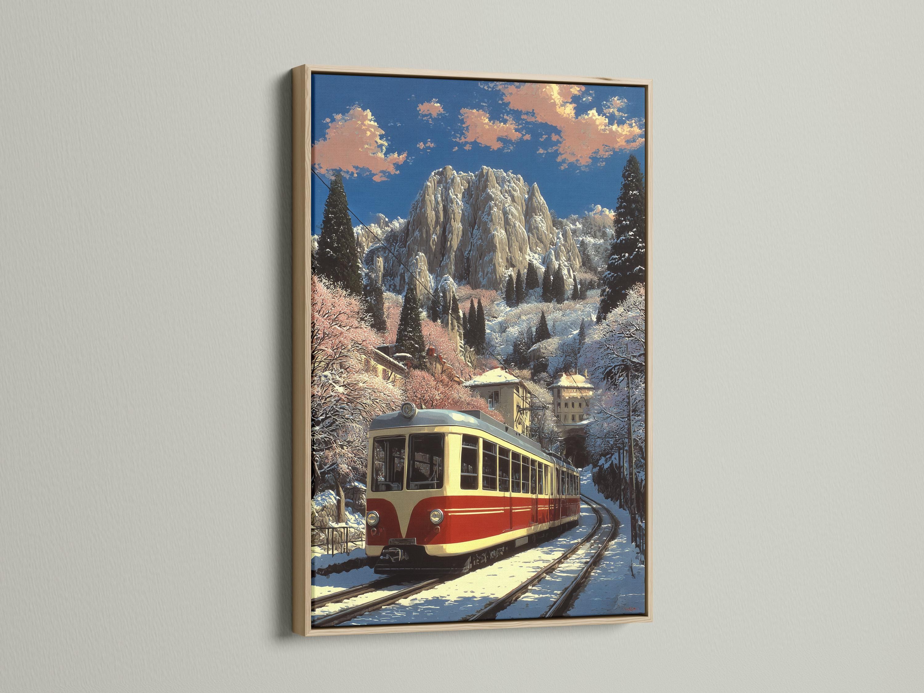 Winter mountain railway scene with a vintage train curving along snowy tracks detail view