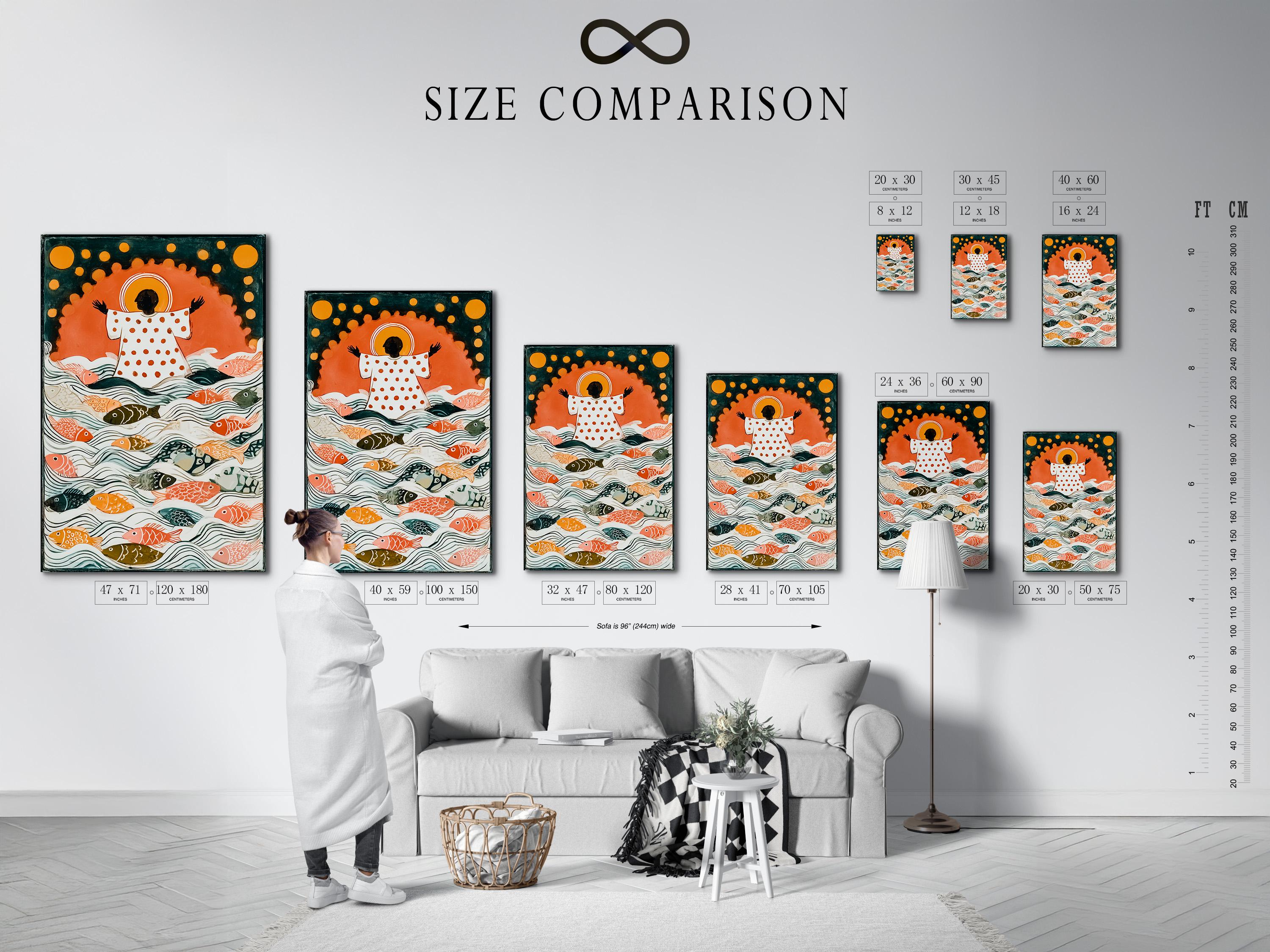 Illustrated underwater scene with many colourful fish swimming in teal and cream waves detail view