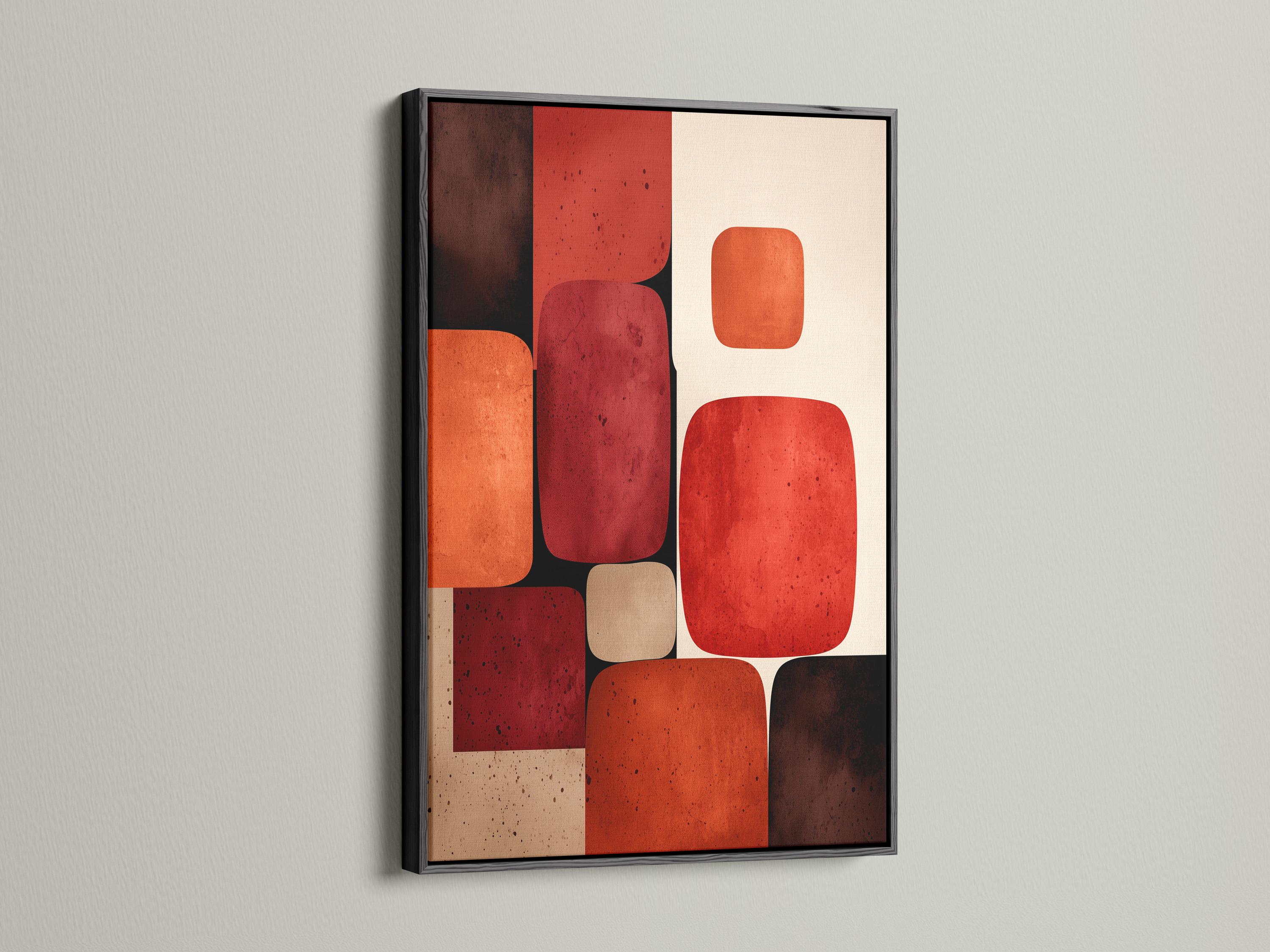 Abstract geometric artwork with rounded rectangles in burnt sienna, terracotta, deep red and cream detail view