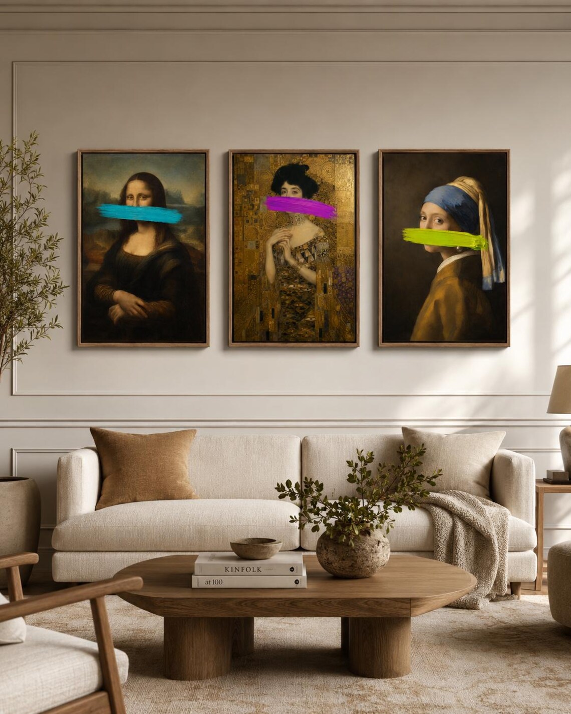 Wall mockup showing three framed neon portrait artworks above a sofa, with text on the mockup