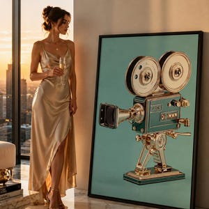 May include: A framed art print featuring a vintage teal and gold film camera. The artwork is displayed next to a woman in a gold satin dress holding a champagne glass, with a cityscape visible through a large window.