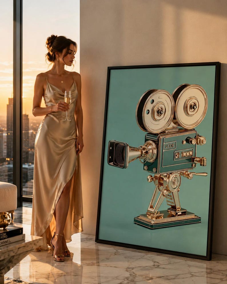 Vintage film camera illustration in gold tones on a teal background