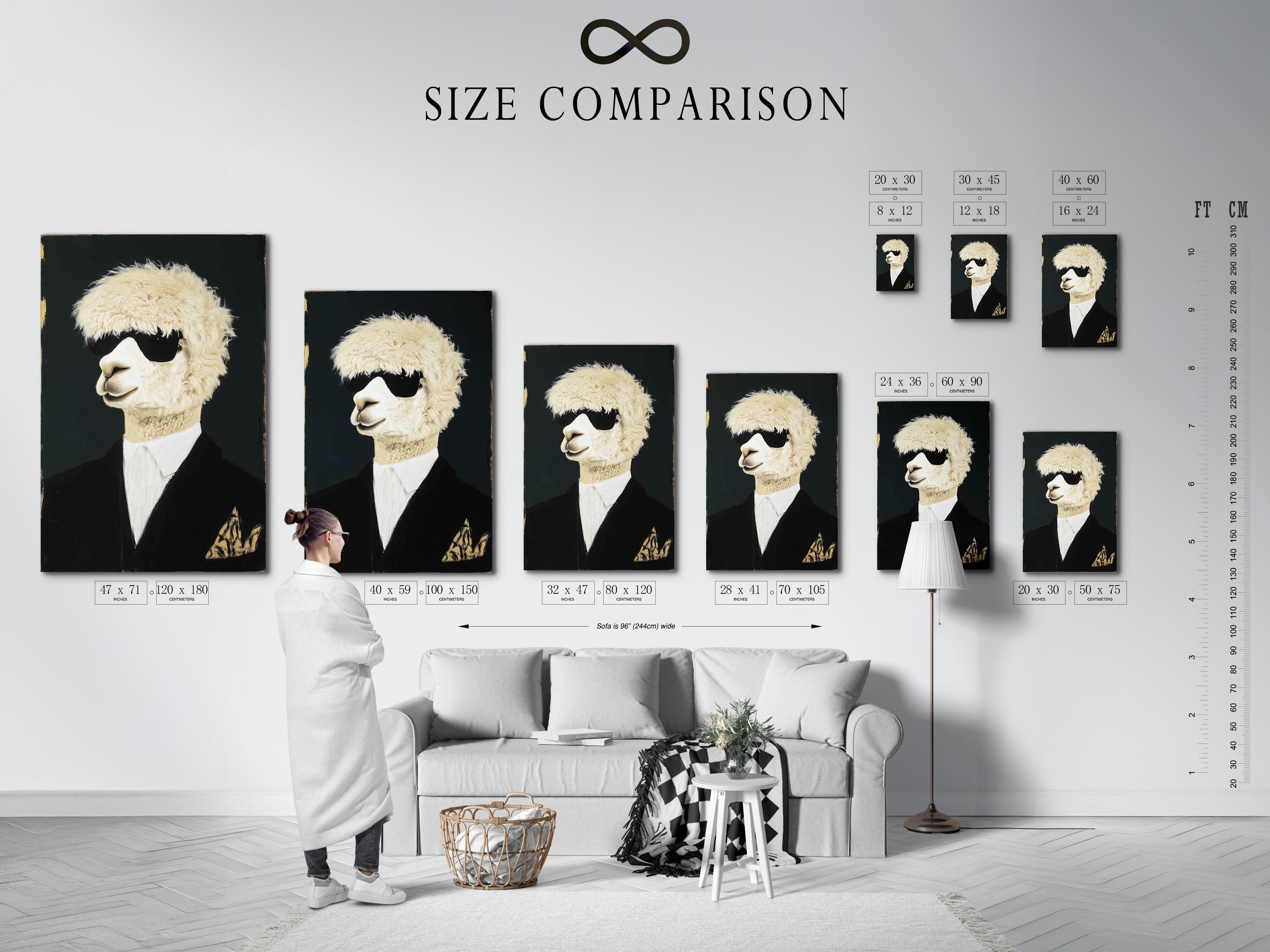 Room mockup showing a framed alpaca portrait artwork with cream fur and a dark suit