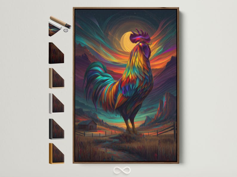 Stylised rainbow-feather rooster standing in front of a glowing sunset landscape