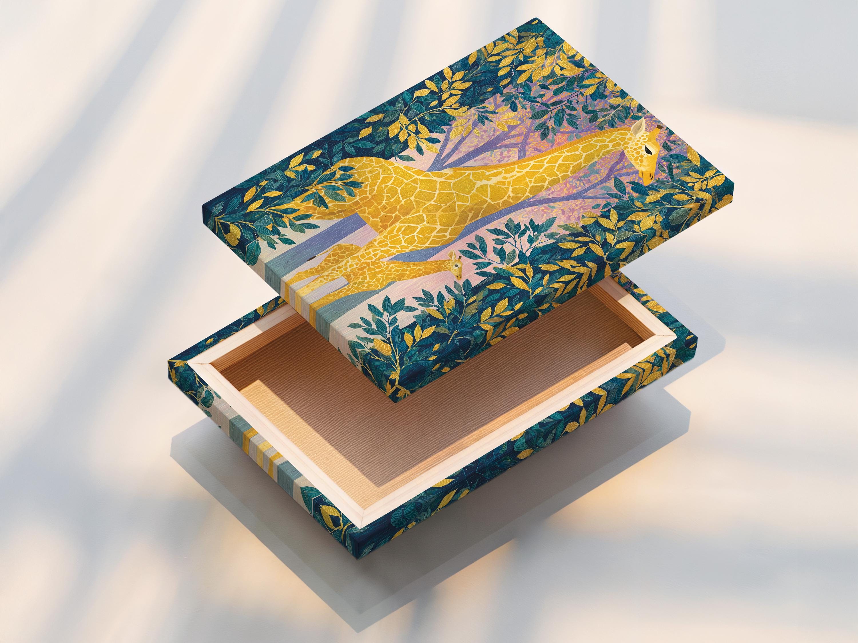 Artwork mockup showing a framed illustration of a giraffe with tropical foliage and tree trunks