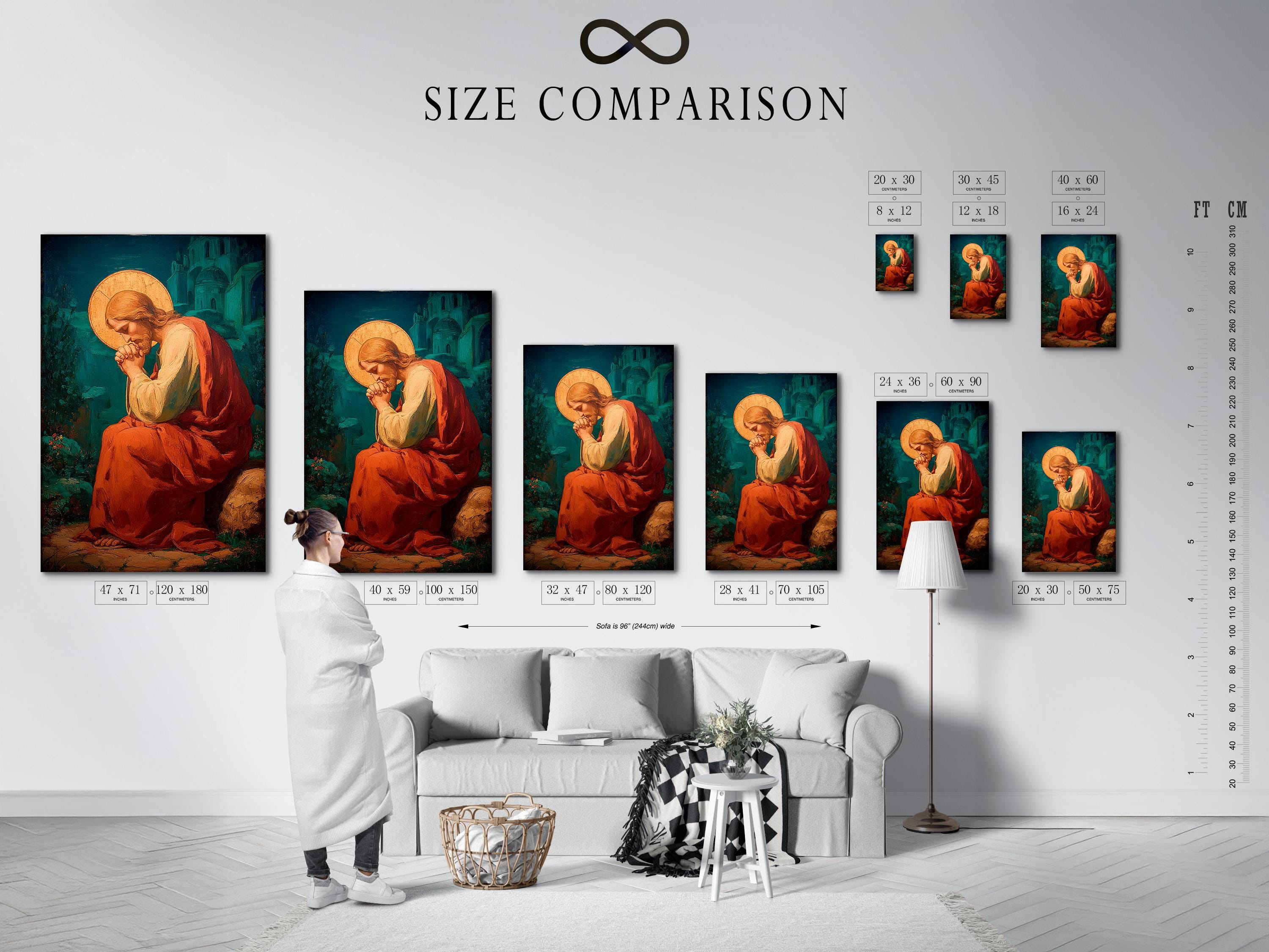 Wall mockup showing a framed painting with a praying figure and gold halo on a beige wall