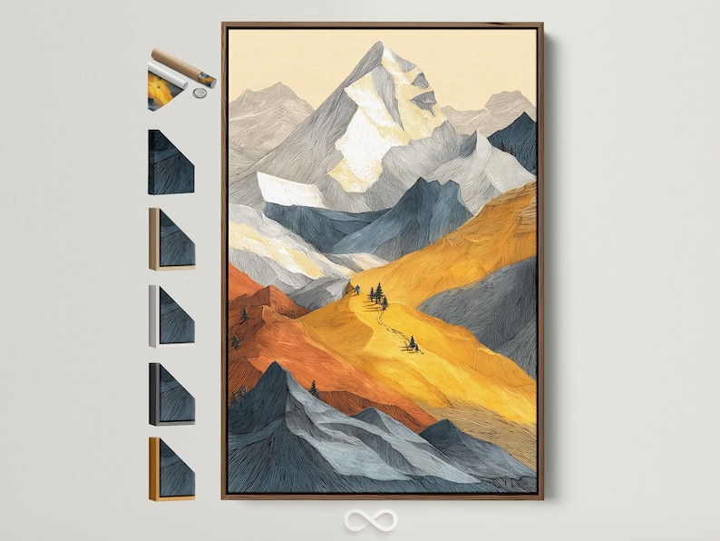 Textured mountain landscape with warm gold and burnt orange slopes and cool blue-grey peaks