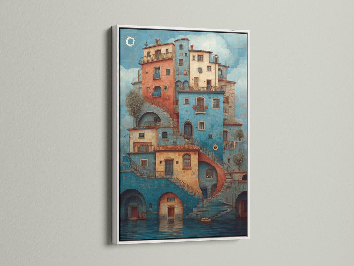 Turquoise and coral Mediterranean cityscape with arched windows, balconies, staircases and reflective water detail view