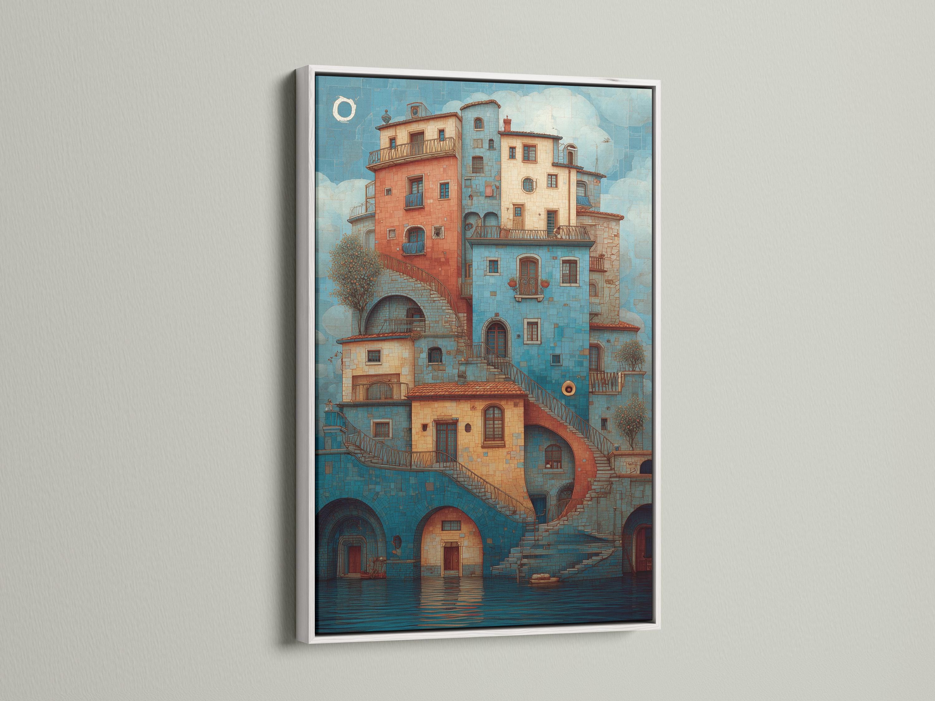 Turquoise and coral Mediterranean cityscape with arched windows, balconies, staircases and reflective water detail view