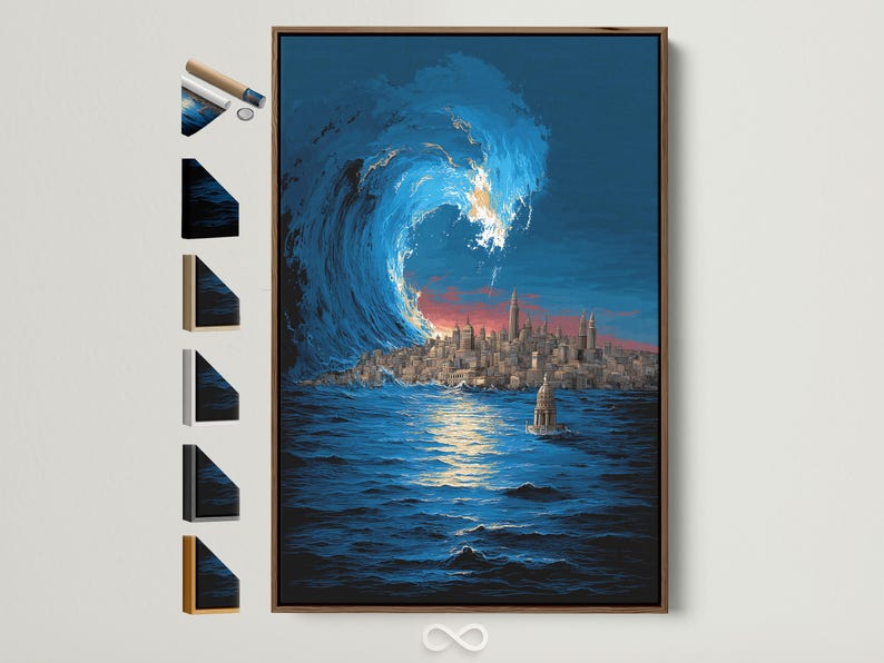 Dramatic blue ocean wave above a detailed city skyline at sunset