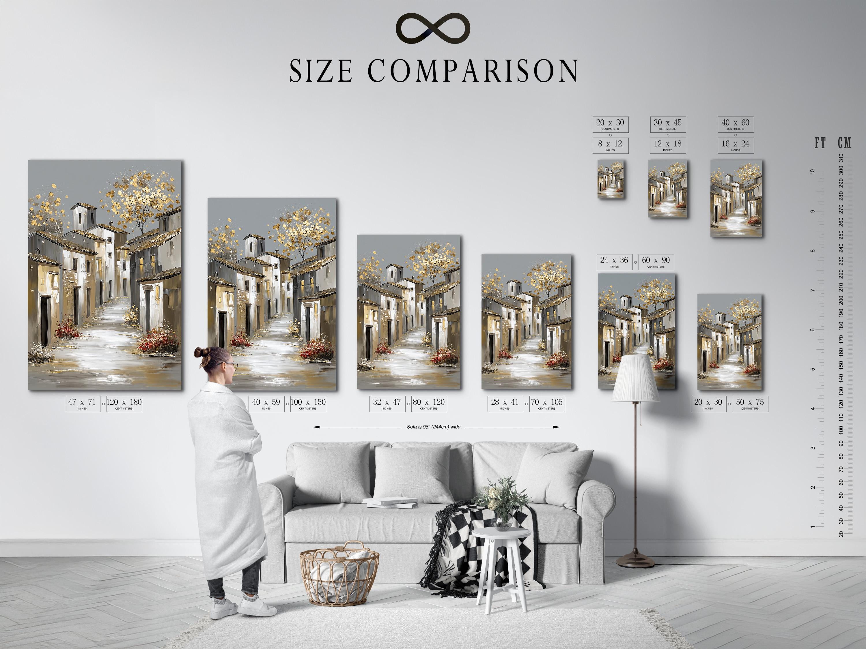 Gold sparkle European village street illustration with white buildings and grey roofs detail view