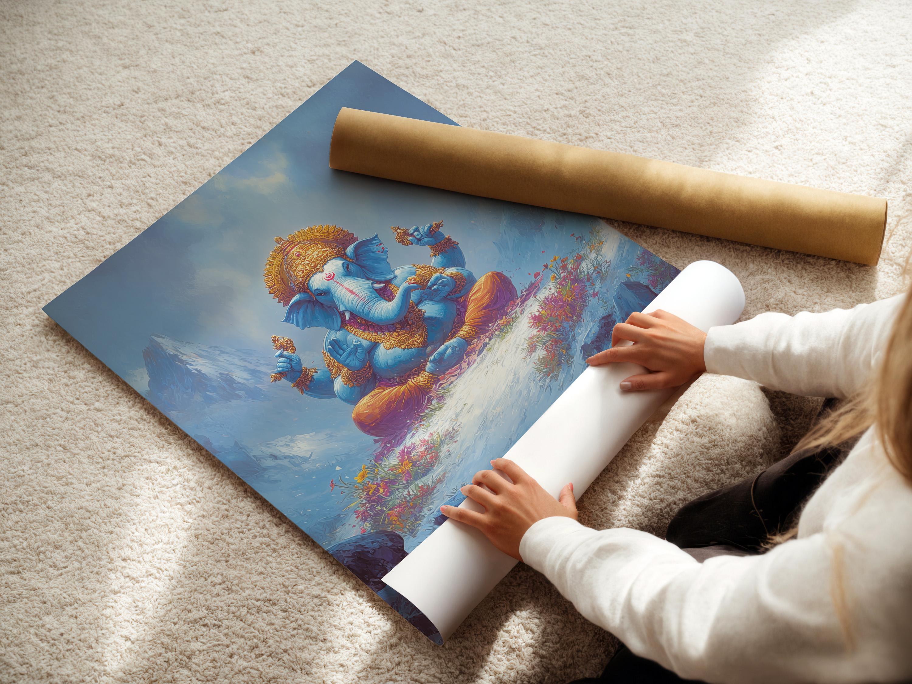 Framed artwork mockup showing a blue elephant-headed deity figure seated in meditation in a misty mountain scene