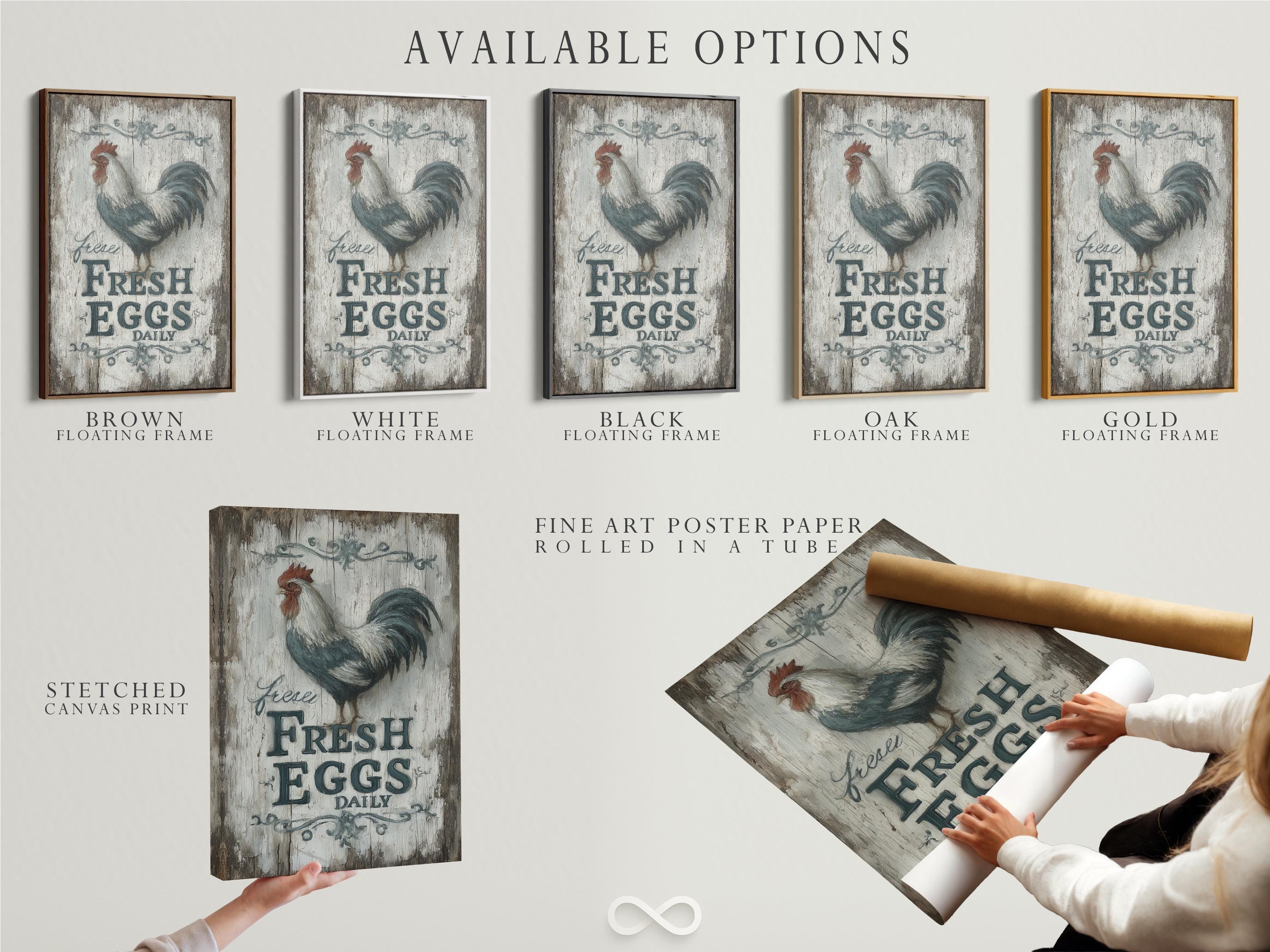 Rooster illustration above distressed text reading “FRESH EGGS DAILY” on a cracked grey background detail view