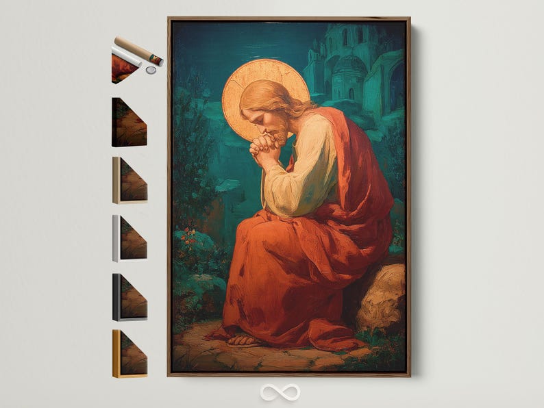Portrait artwork of a praying figure with a glowing gold halo and orange-red robe against a teal-green background
