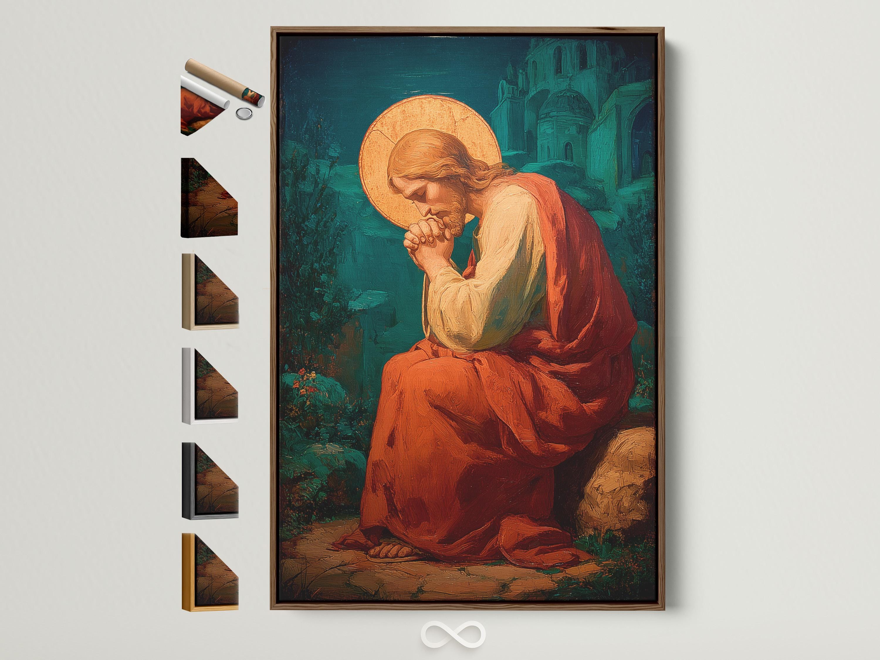 Portrait artwork of a praying figure with a glowing gold halo and orange-red robe against a teal-green background
