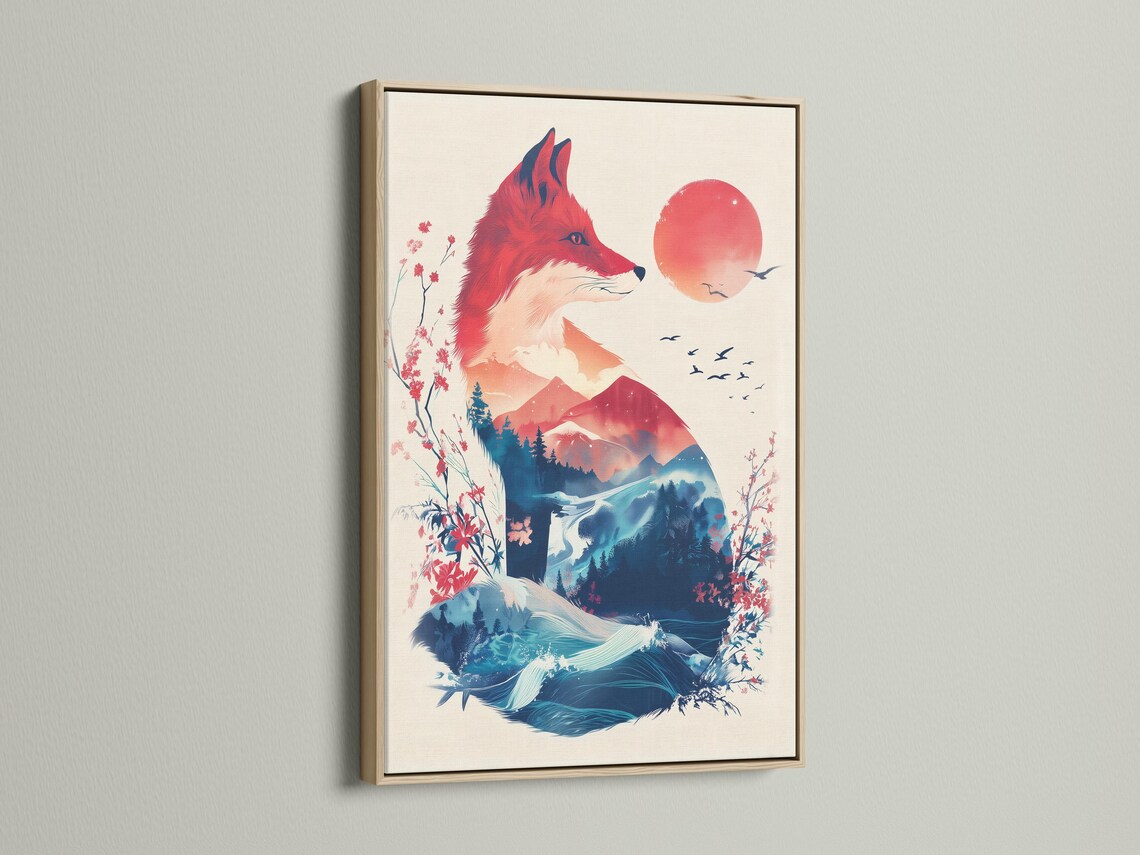 A stylised red fox faces right above layered blue mountains, with pink blossoms, a large orange sun and small birds in flight detail view