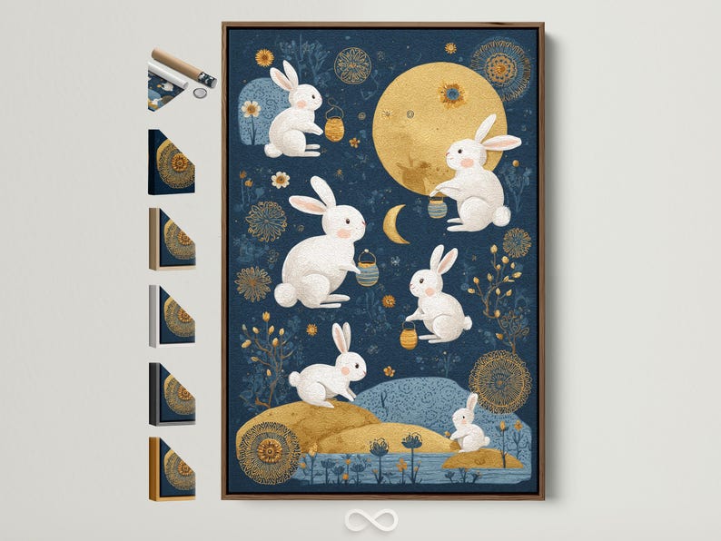 Celestial illustration of white rabbits around a gold moon on a midnight blue background